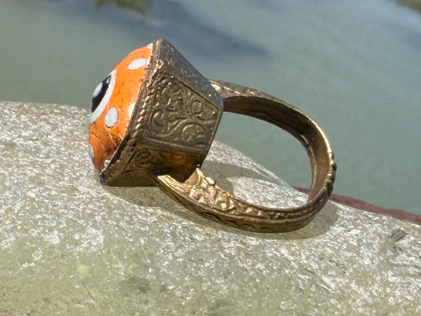 Fabulous vintage orange ring made from brass and enamel. Statement ring. Eco friendly jewellery. Ethical jewellery. Orange jewellery.