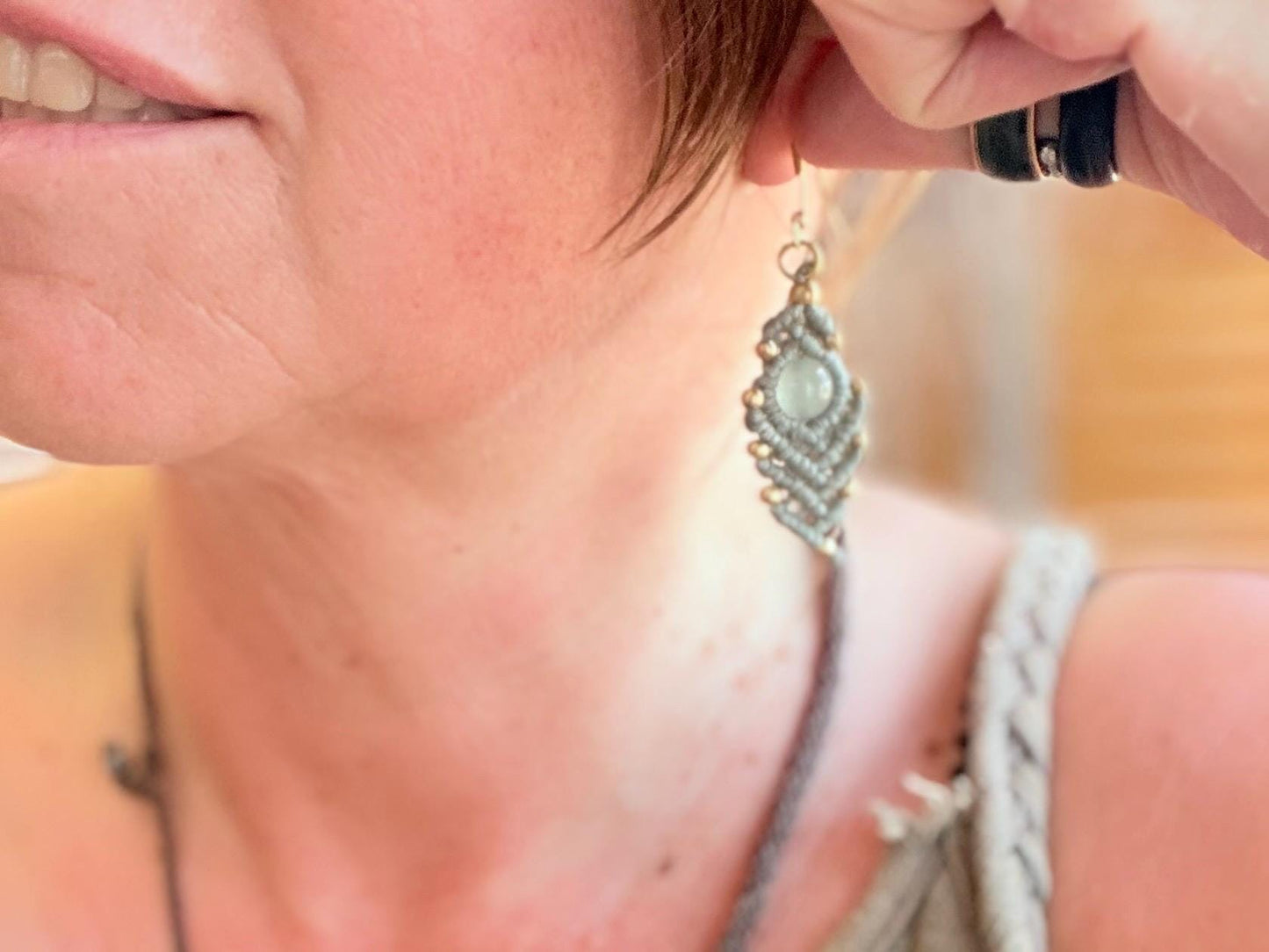 Moss agate macrame gemstone earrings. Long drop dangly earrings. Green gemstone earrings. Ethical jewellery. Moss agate jewellery.