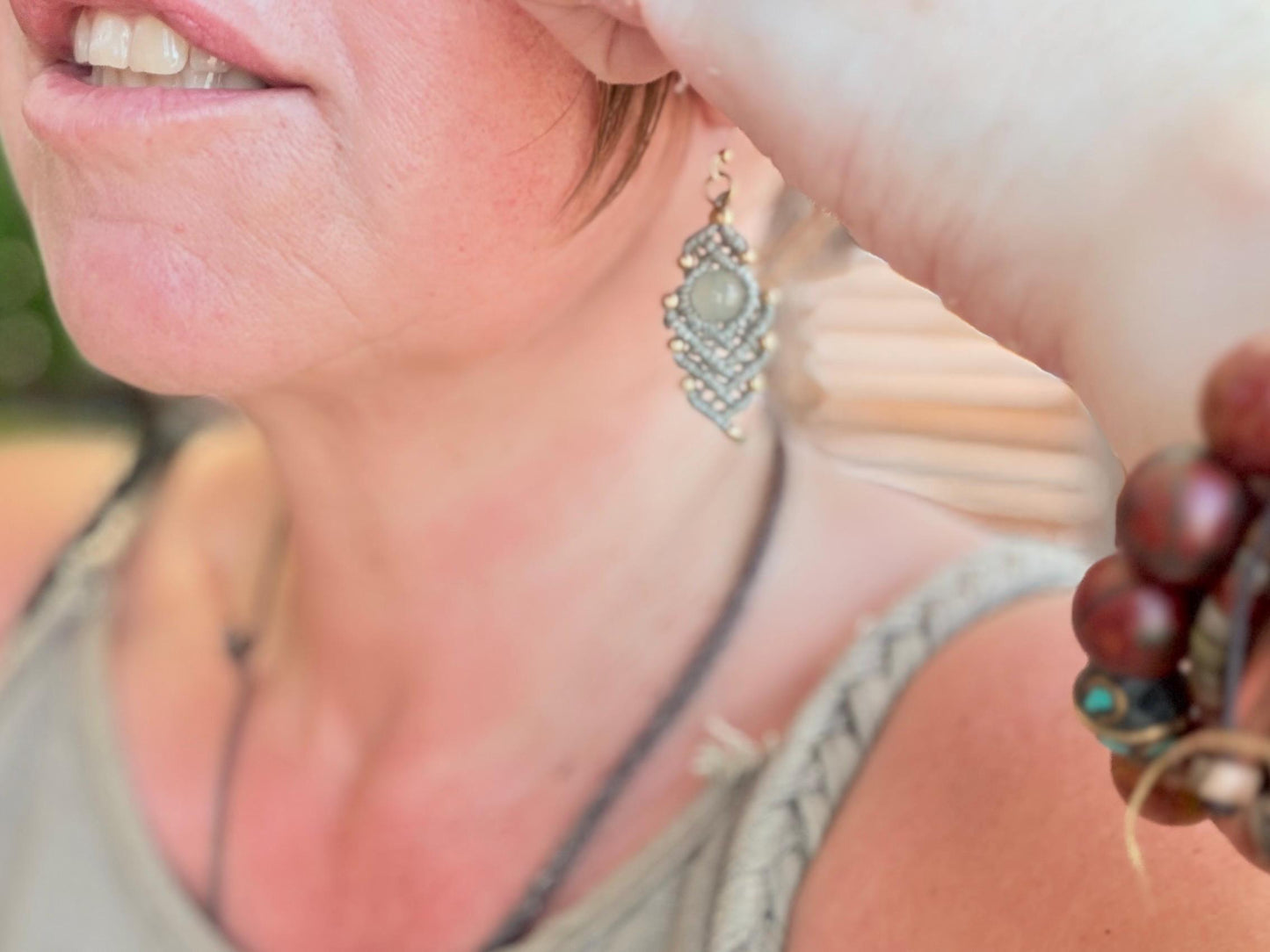 Moss agate macrame gemstone earrings. Long drop dangly earrings. Green gemstone earrings. Ethical jewellery. Moss agate jewellery.