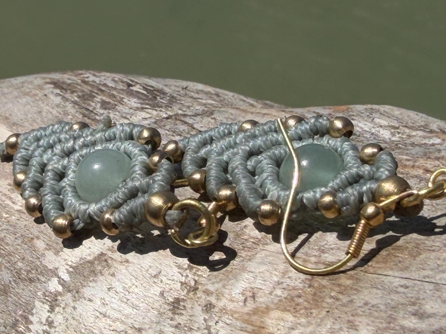 Moss agate macrame gemstone earrings. Long drop dangly earrings. Green gemstone earrings. Ethical jewellery. Moss agate jewellery.