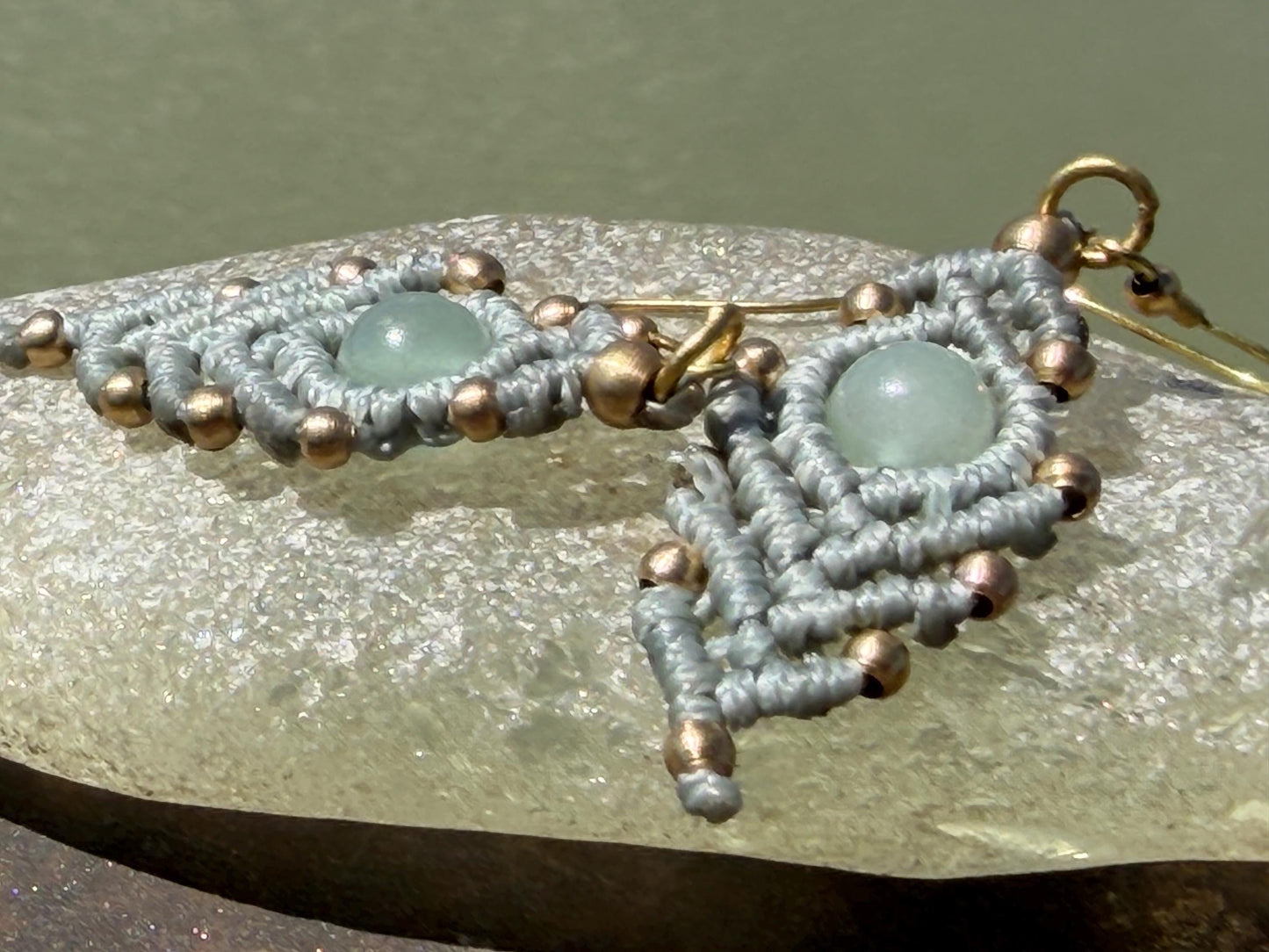 Moss agate macrame gemstone earrings. Long drop dangly earrings. Green gemstone earrings. Ethical jewellery. Moss agate jewellery.