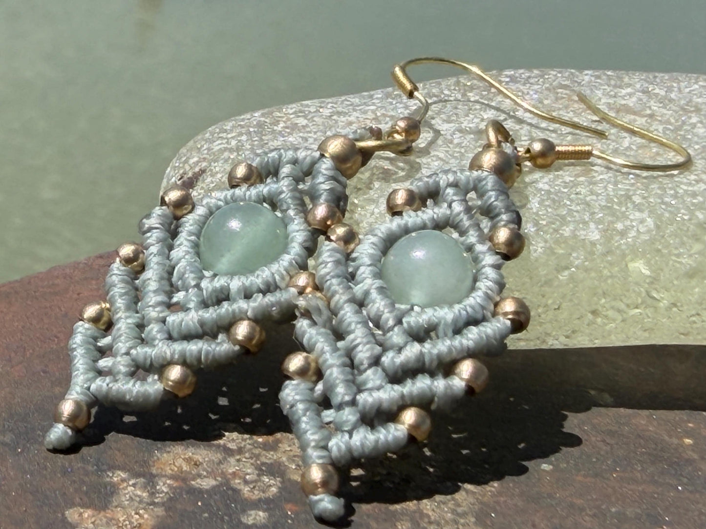 Moss agate macrame gemstone earrings. Long drop dangly earrings. Green gemstone earrings. Ethical jewellery. Moss agate jewellery.