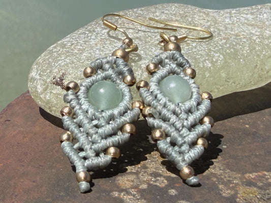 Moss agate macrame gemstone earrings. Long drop dangly earrings. Green gemstone earrings. Ethical jewellery. Moss agate jewellery.