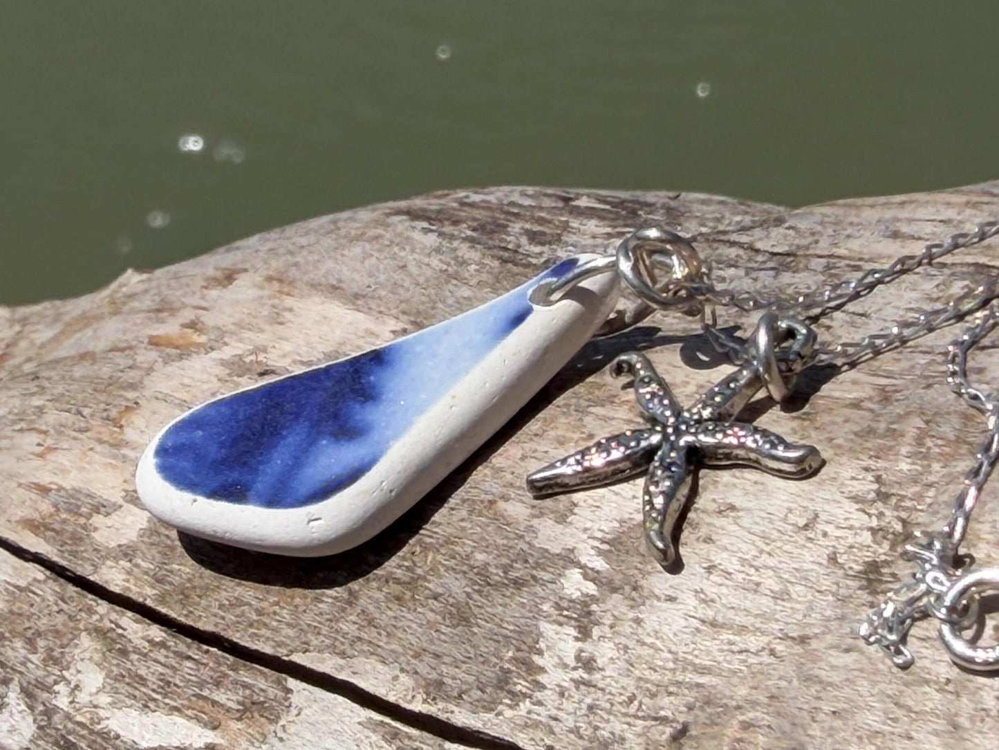 Eco friendly sea ceramic necklace on a sterling silver chain showcasing a little starfish pendant, starfish necklace, ethical jewellery