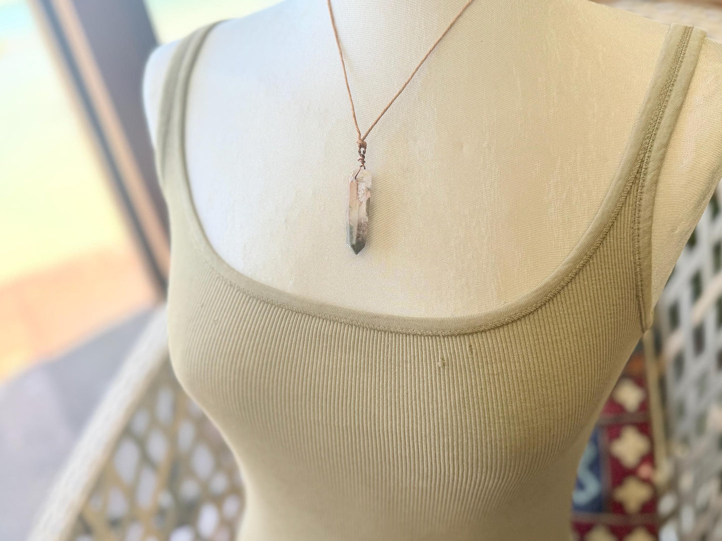 Raw moss agate necklace. Rustic moss agate pendant, large gemstone necklace, green gemstone, gift for gardener. Handmade necklace.