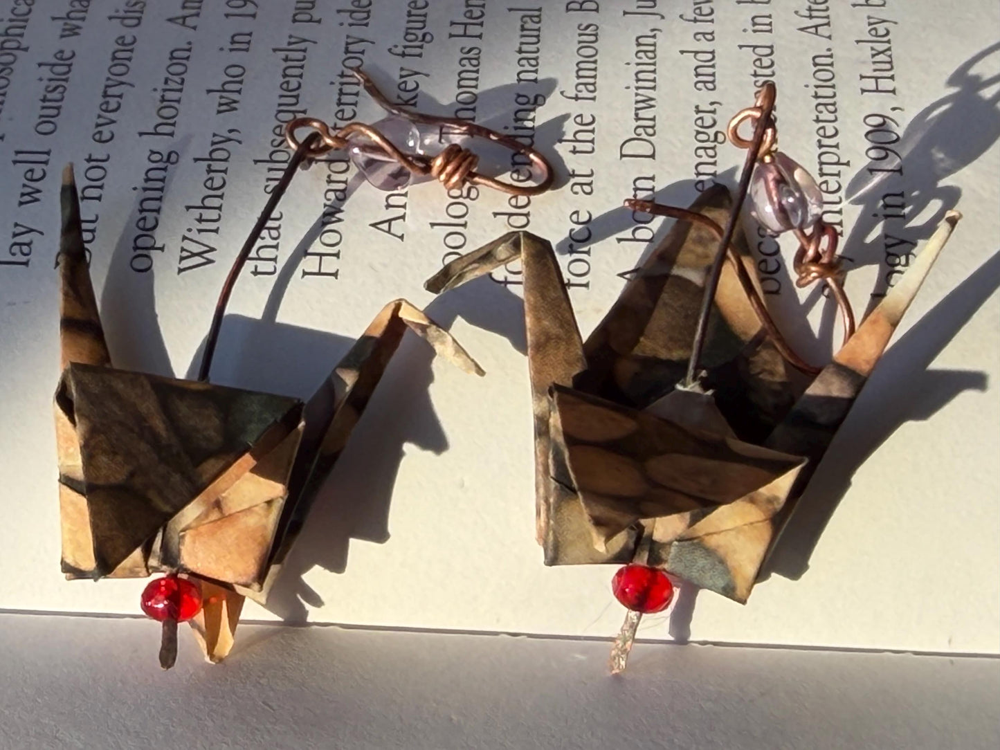 Bird origami earrings on recycled metals. Eco friendly jewellery. Bird earrings. Handmade bird jewellery. Red birds. Ethical jewellery.