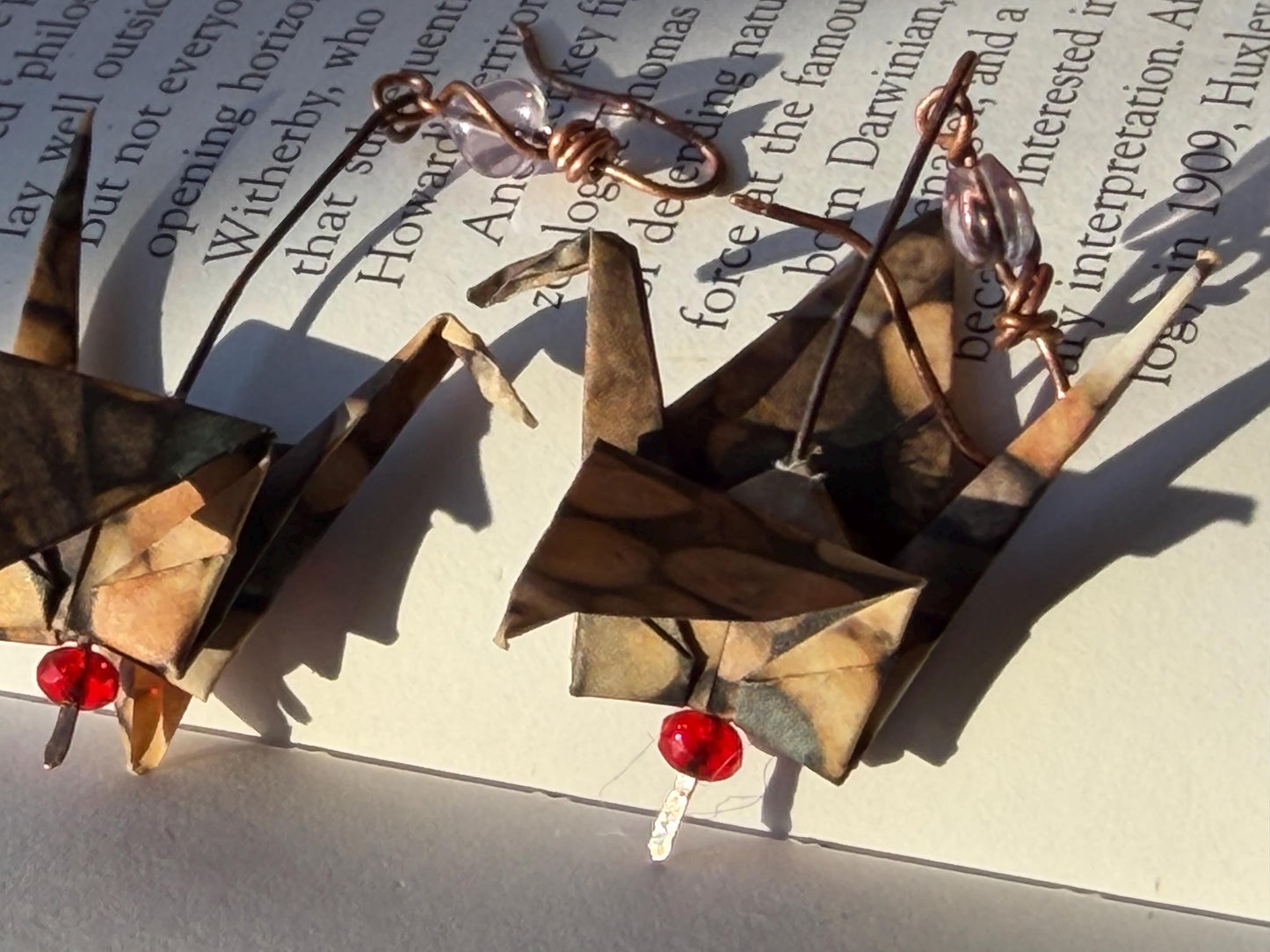 Bird origami earrings on recycled metals. Eco friendly jewellery. Bird earrings. Handmade bird jewellery. Red birds. Ethical jewellery.