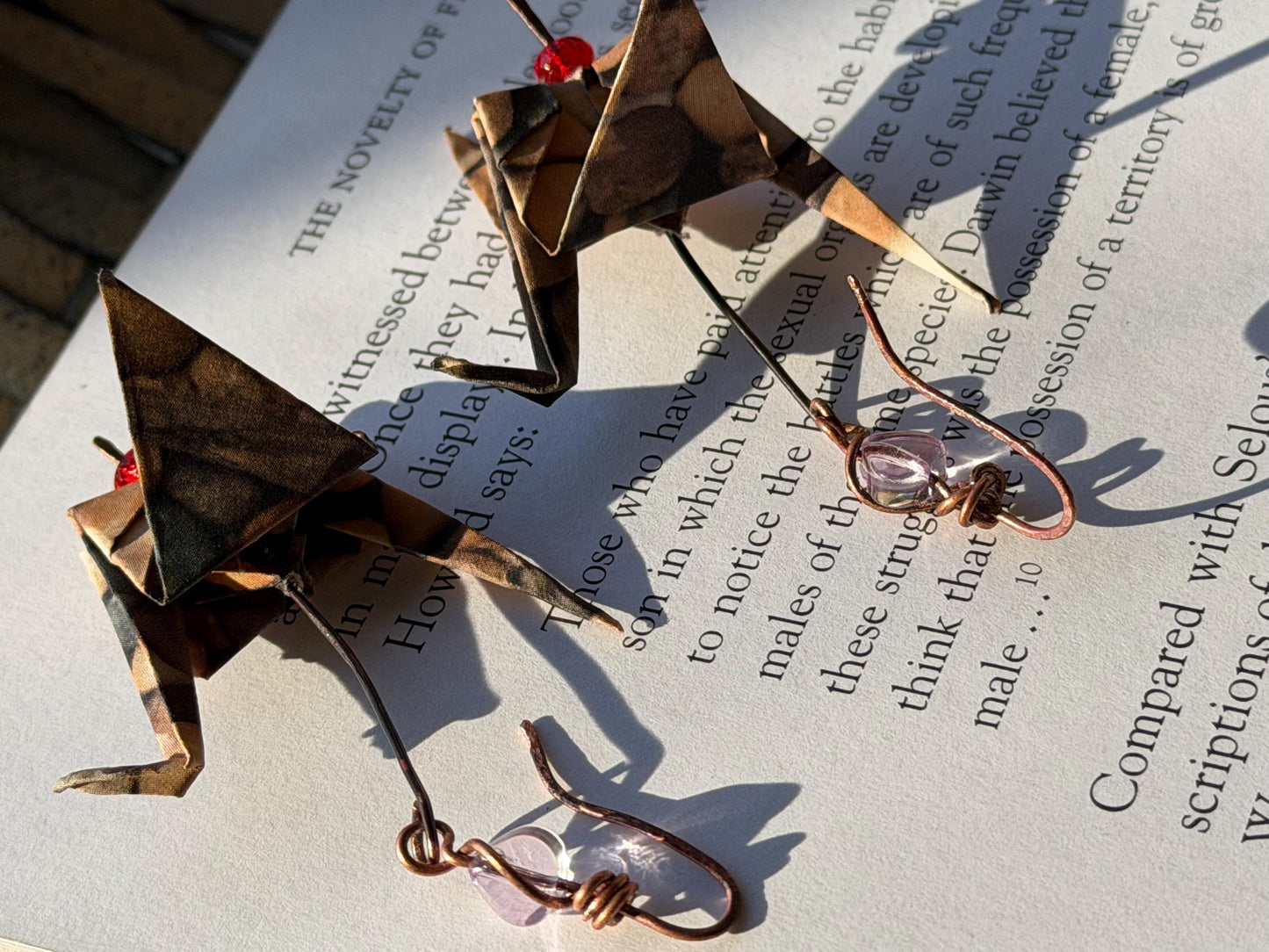 Bird origami earrings on recycled metals. Eco friendly jewellery. Bird earrings. Handmade bird jewellery. Red birds. Ethical jewellery.