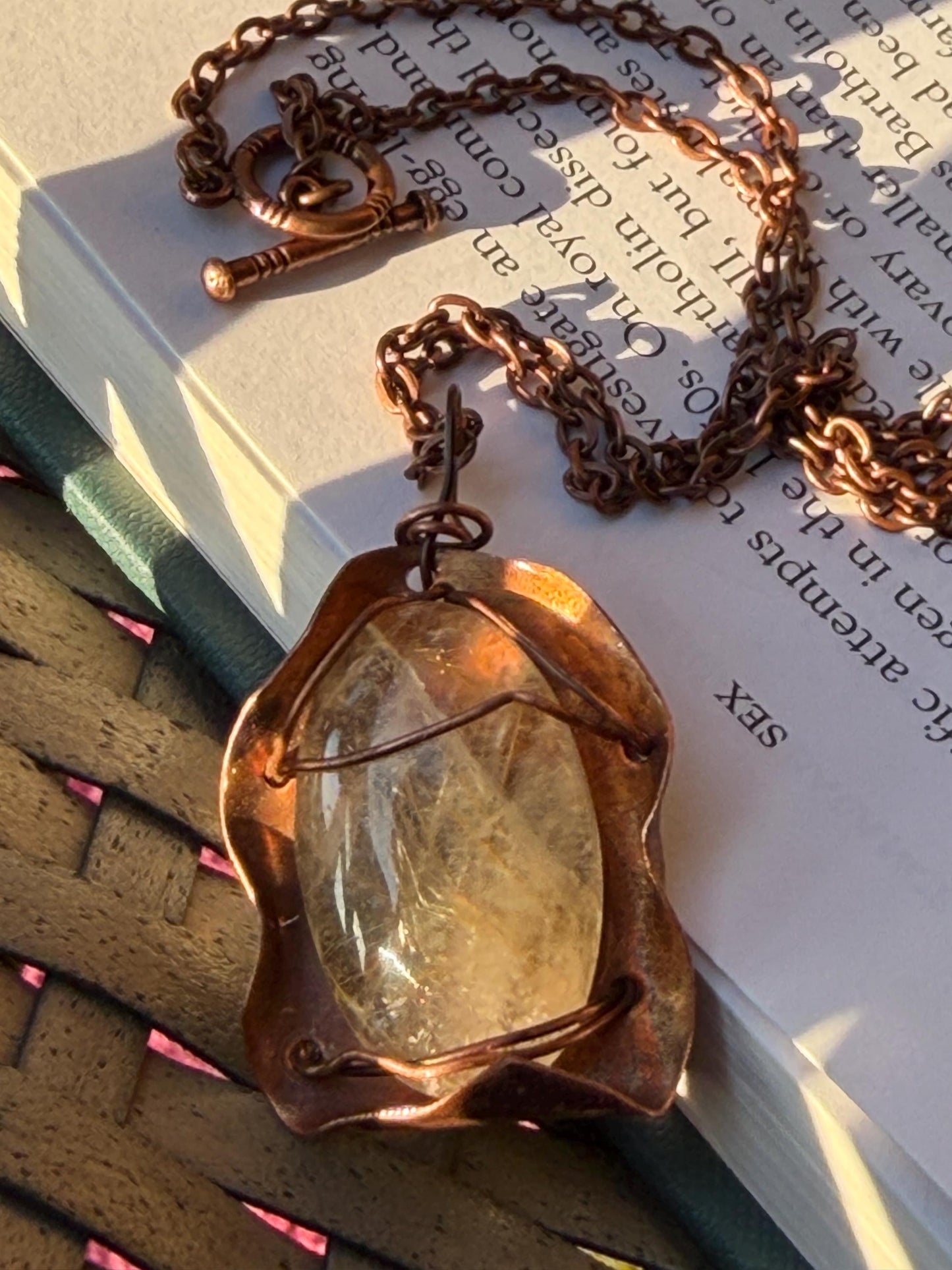 Eco friendly handmade necklace made from rutile quartz & naturally weathered recycled copper. Ethical jewellery. Unique handmade jewellery.