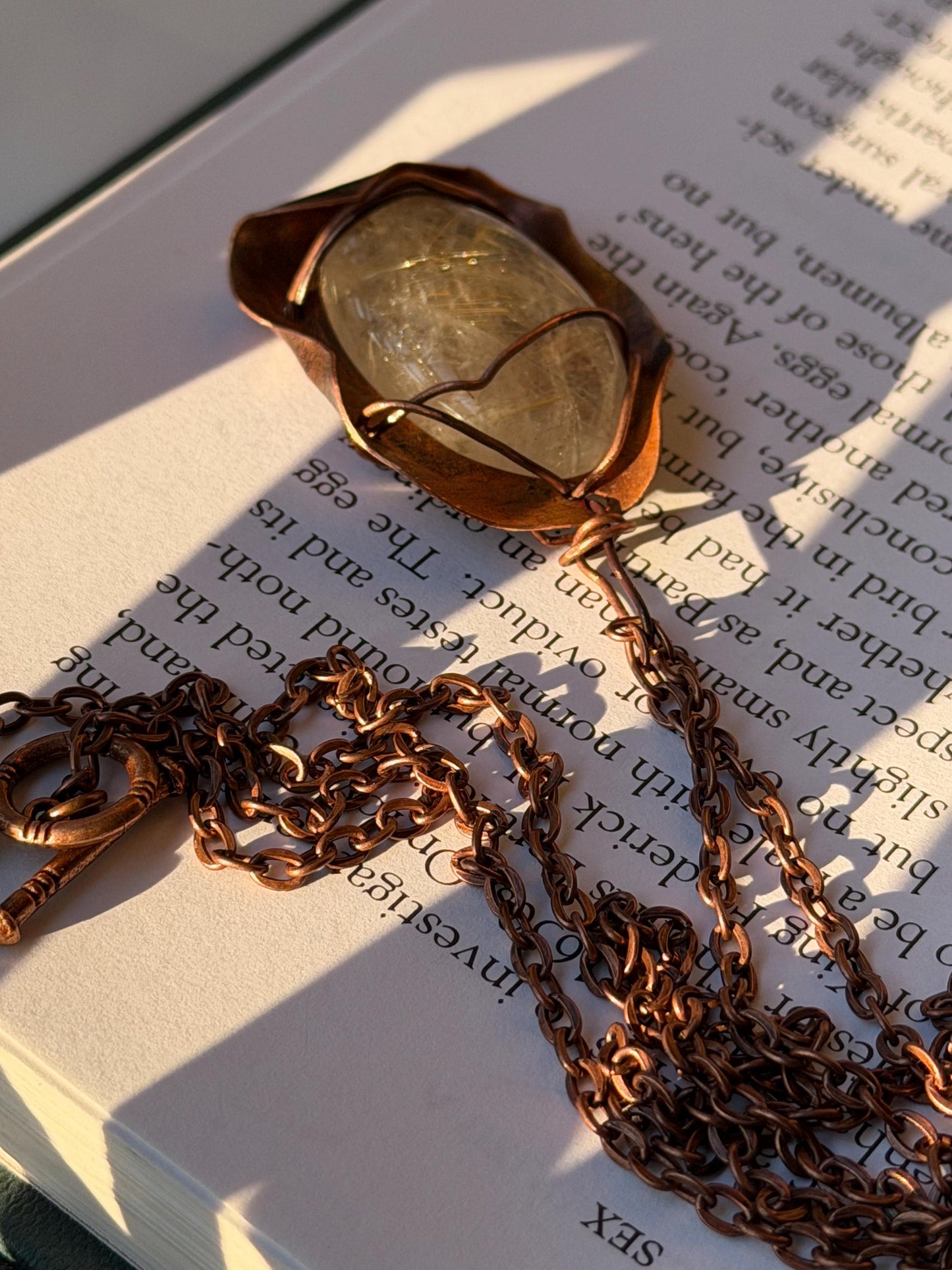 Eco friendly handmade necklace made from rutile quartz & naturally weathered recycled copper. Ethical jewellery. Unique handmade jewellery.
