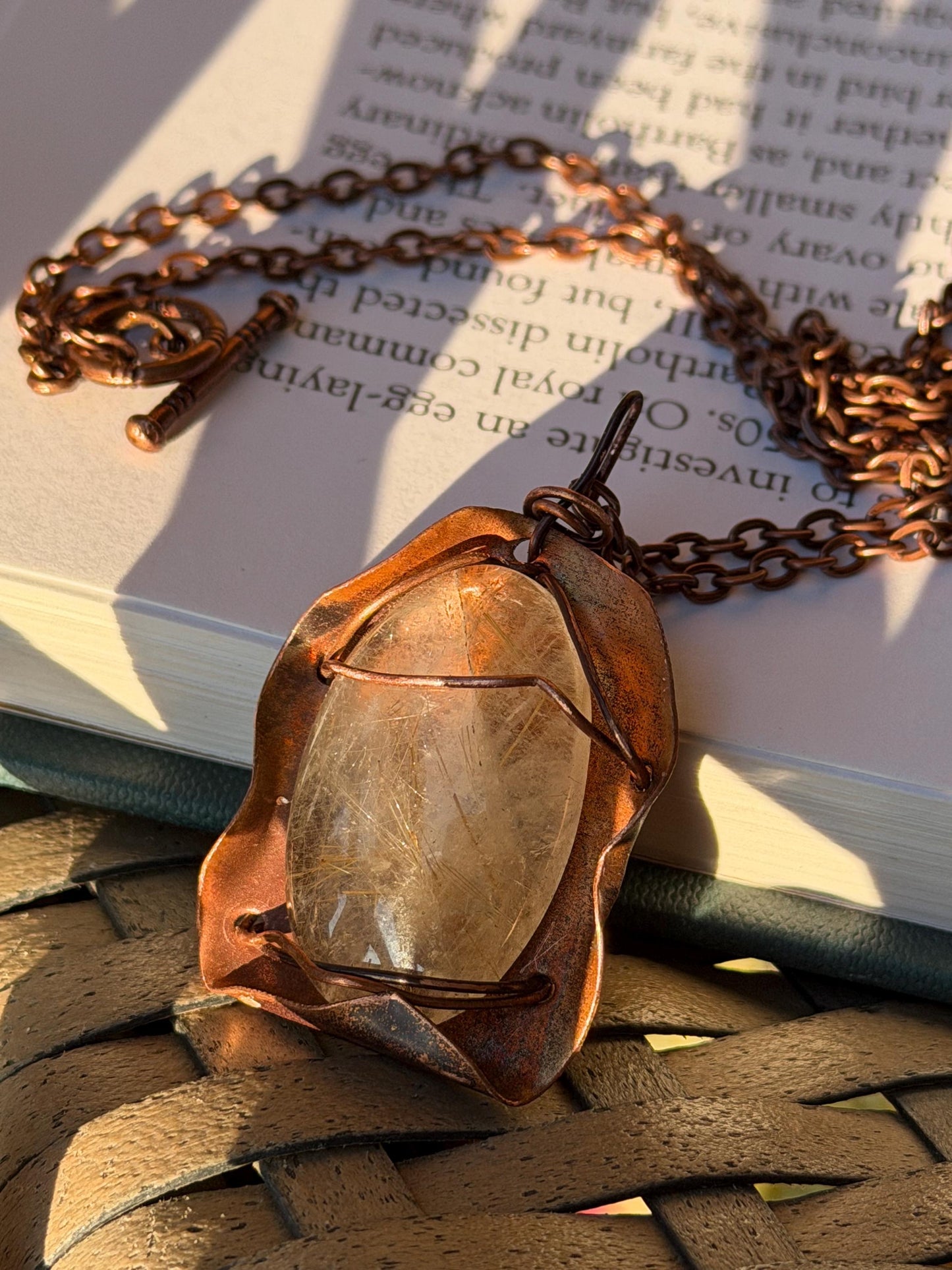 Eco friendly handmade necklace made from rutile quartz & naturally weathered recycled copper. Ethical jewellery. Unique handmade jewellery.