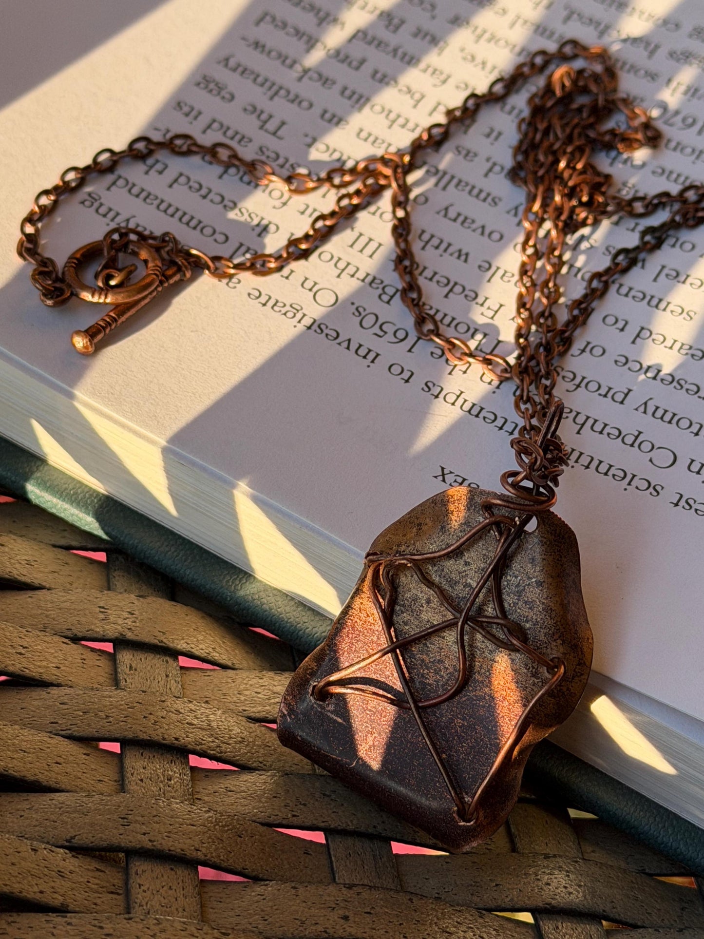 Eco friendly handmade necklace made from rutile quartz & naturally weathered recycled copper. Ethical jewellery. Unique handmade jewellery.