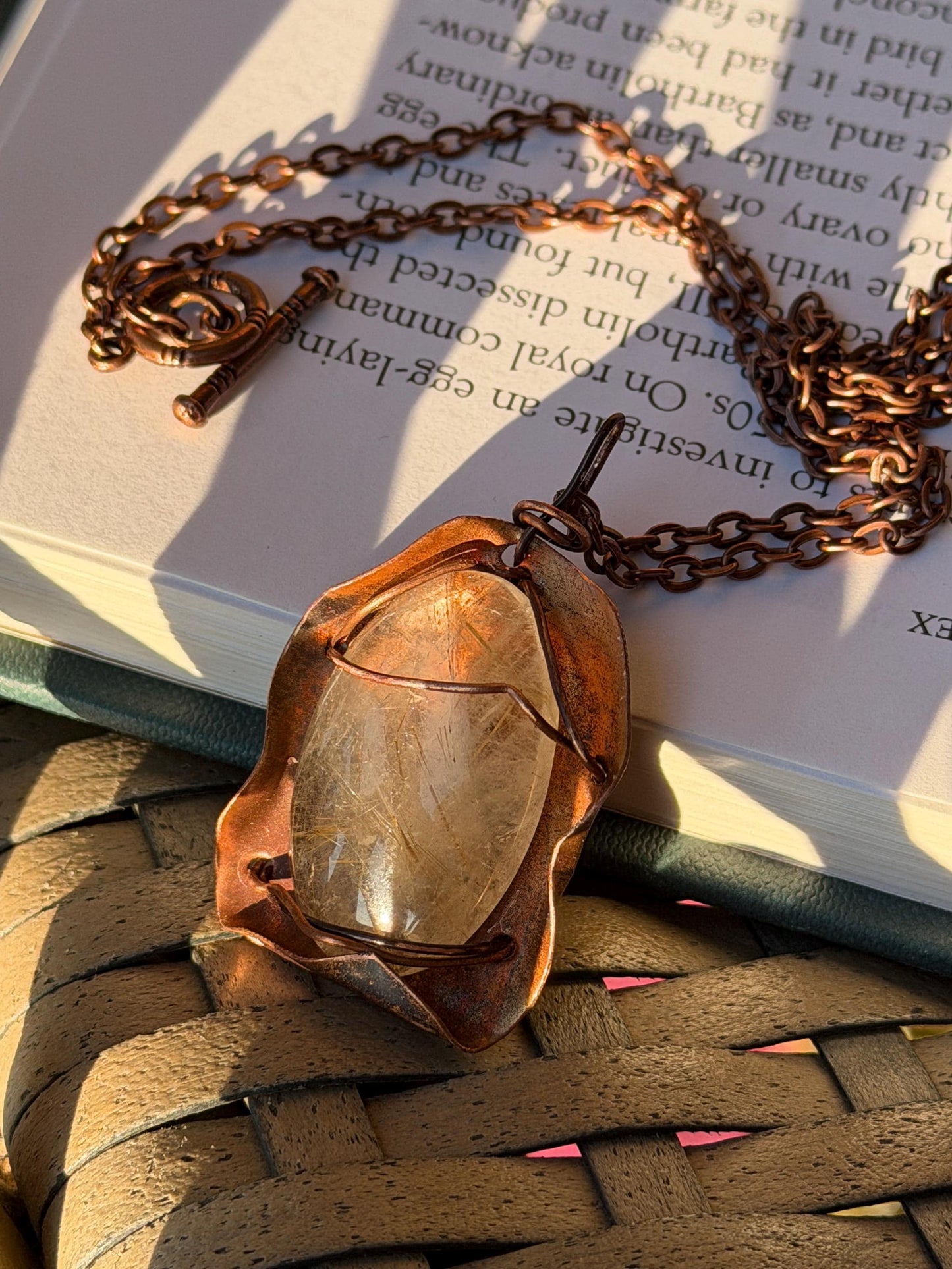 Eco friendly handmade necklace made from rutile quartz & naturally weathered recycled copper. Ethical jewellery. Unique handmade jewellery.