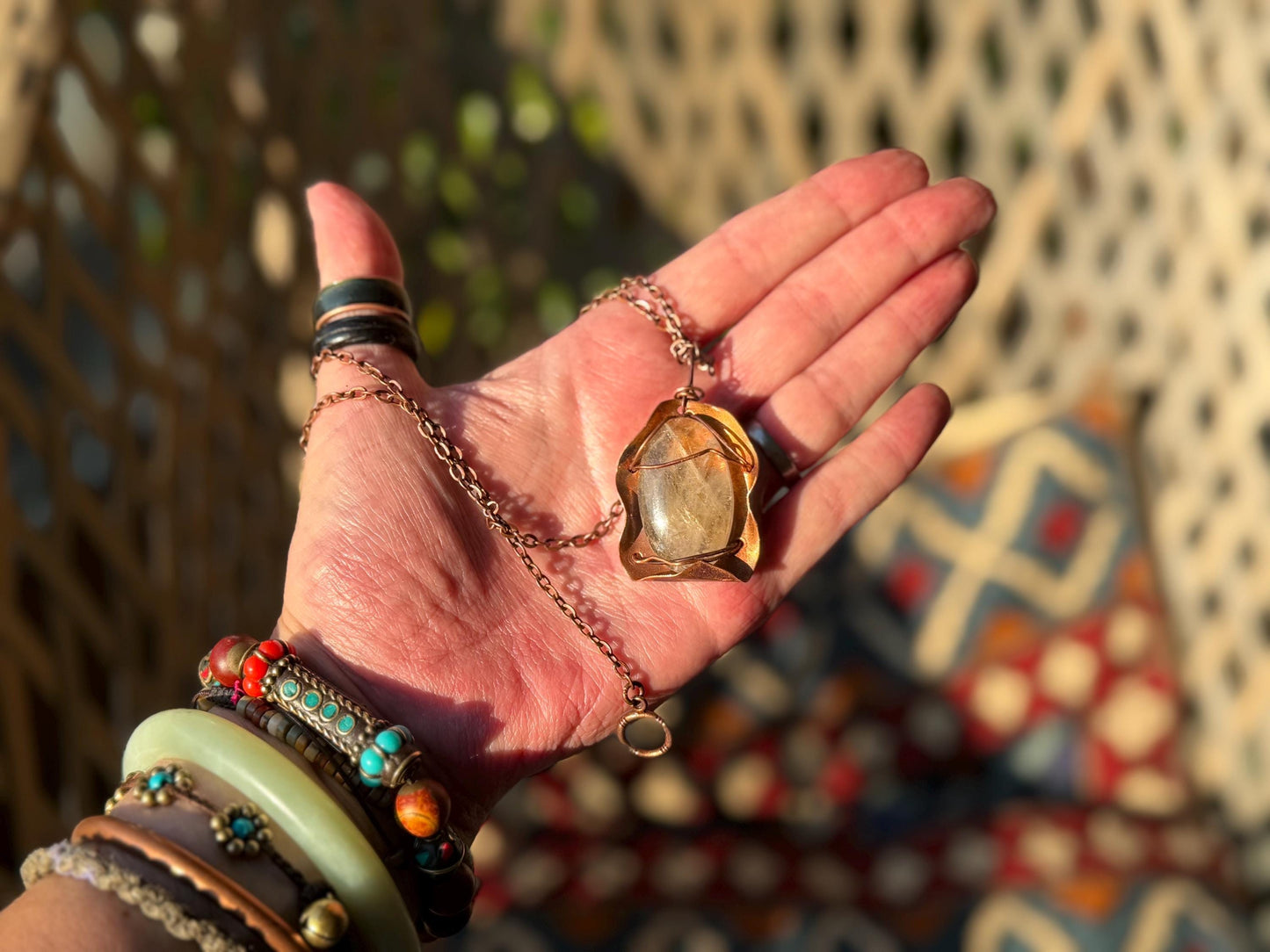 Eco friendly handmade necklace made from rutile quartz & naturally weathered recycled copper. Ethical jewellery. Unique handmade jewellery.