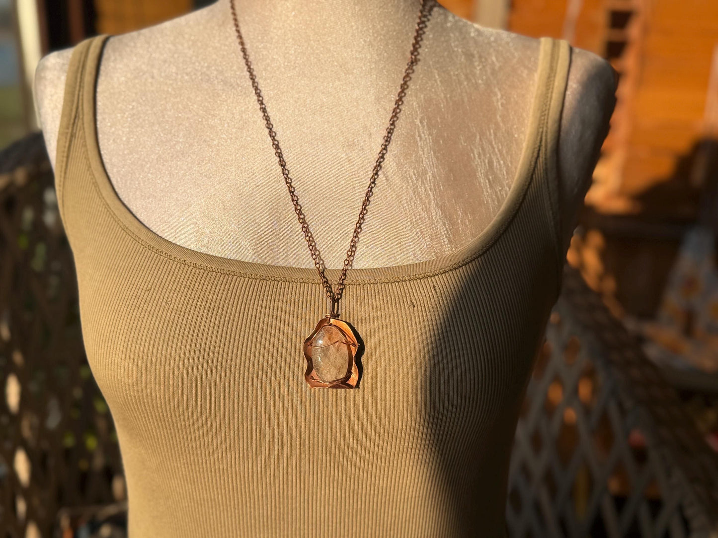 Eco friendly handmade necklace made from rutile quartz & naturally weathered recycled copper. Ethical jewellery. Unique handmade jewellery.
