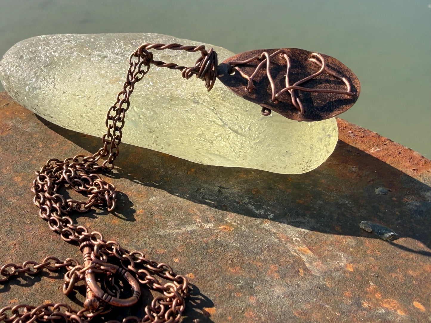 Eco friendly handmade necklace made from moss agate & naturally weathered recycled copper. Ethical jewellery. Unique handmade jewellery.