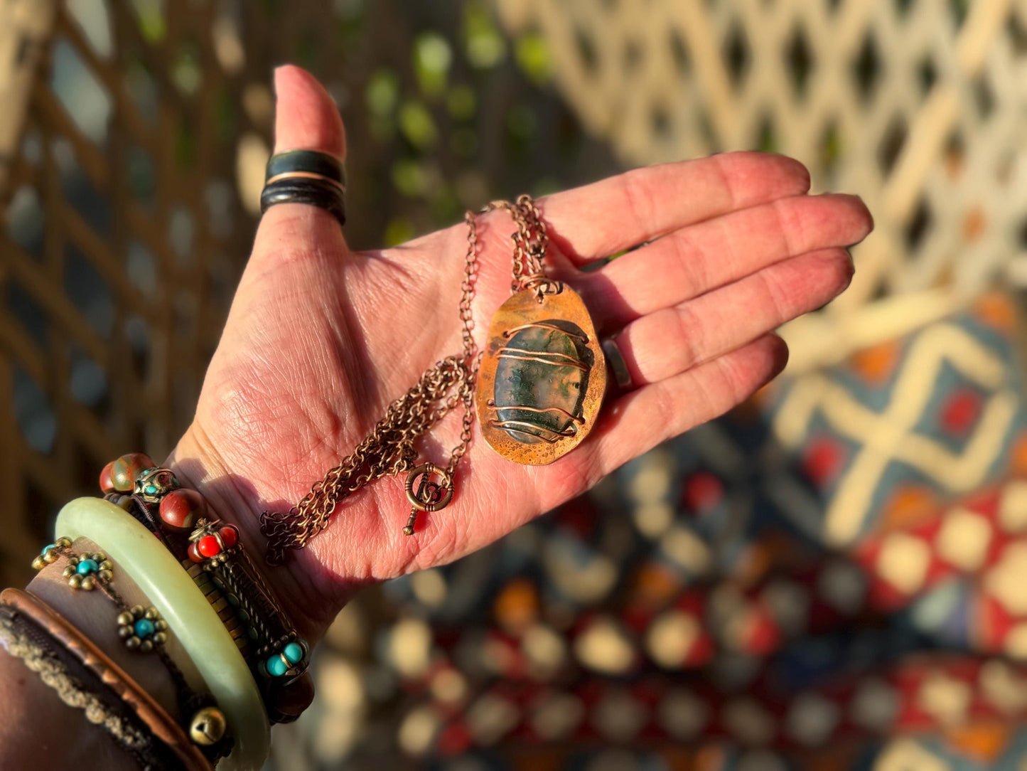 Eco friendly handmade necklace made from moss agate & naturally weathered recycled copper. Ethical jewellery. Unique handmade jewellery.