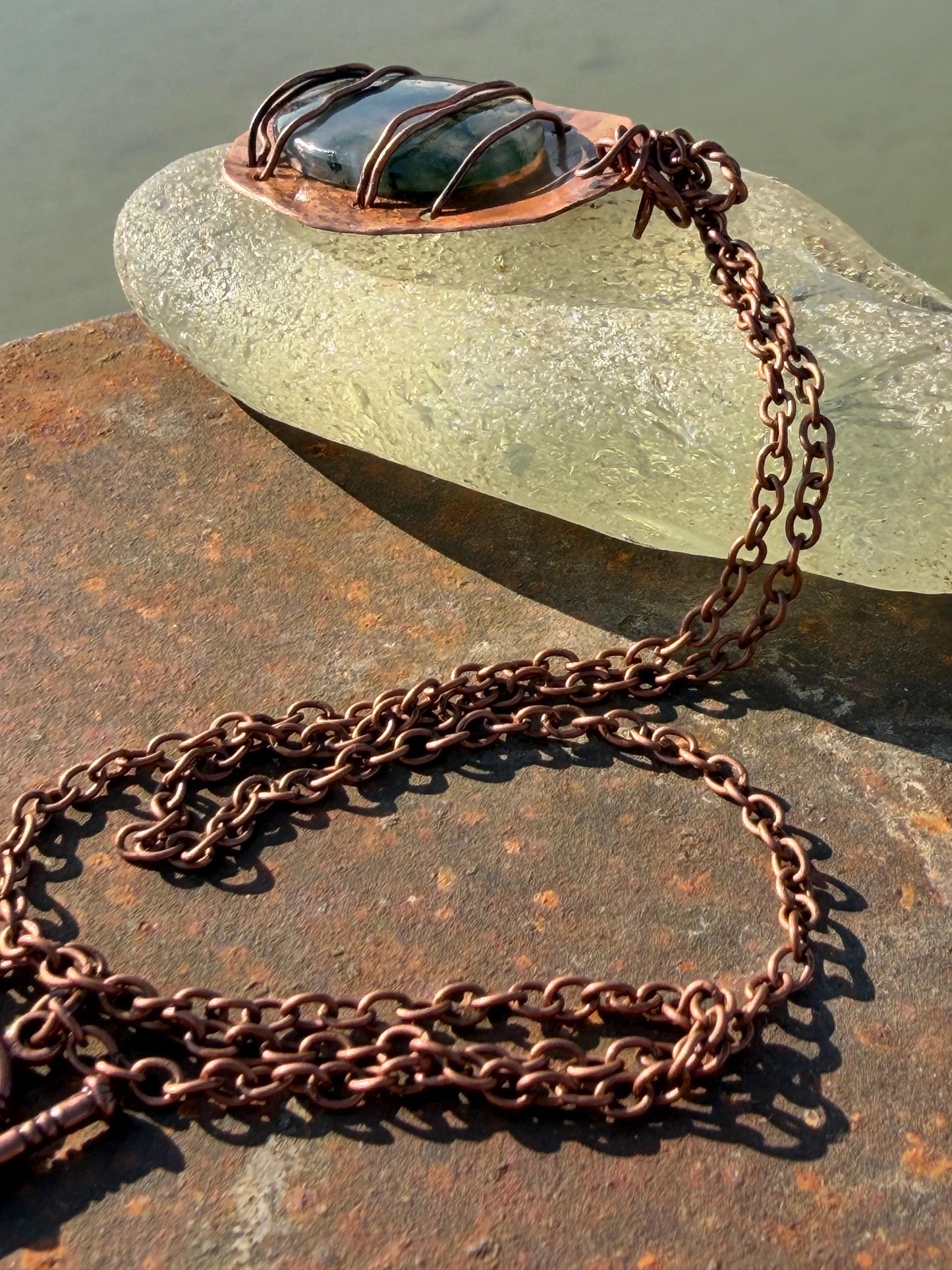 Eco friendly handmade necklace made from moss agate & naturally weathered recycled copper. Ethical jewellery. Unique handmade jewellery.