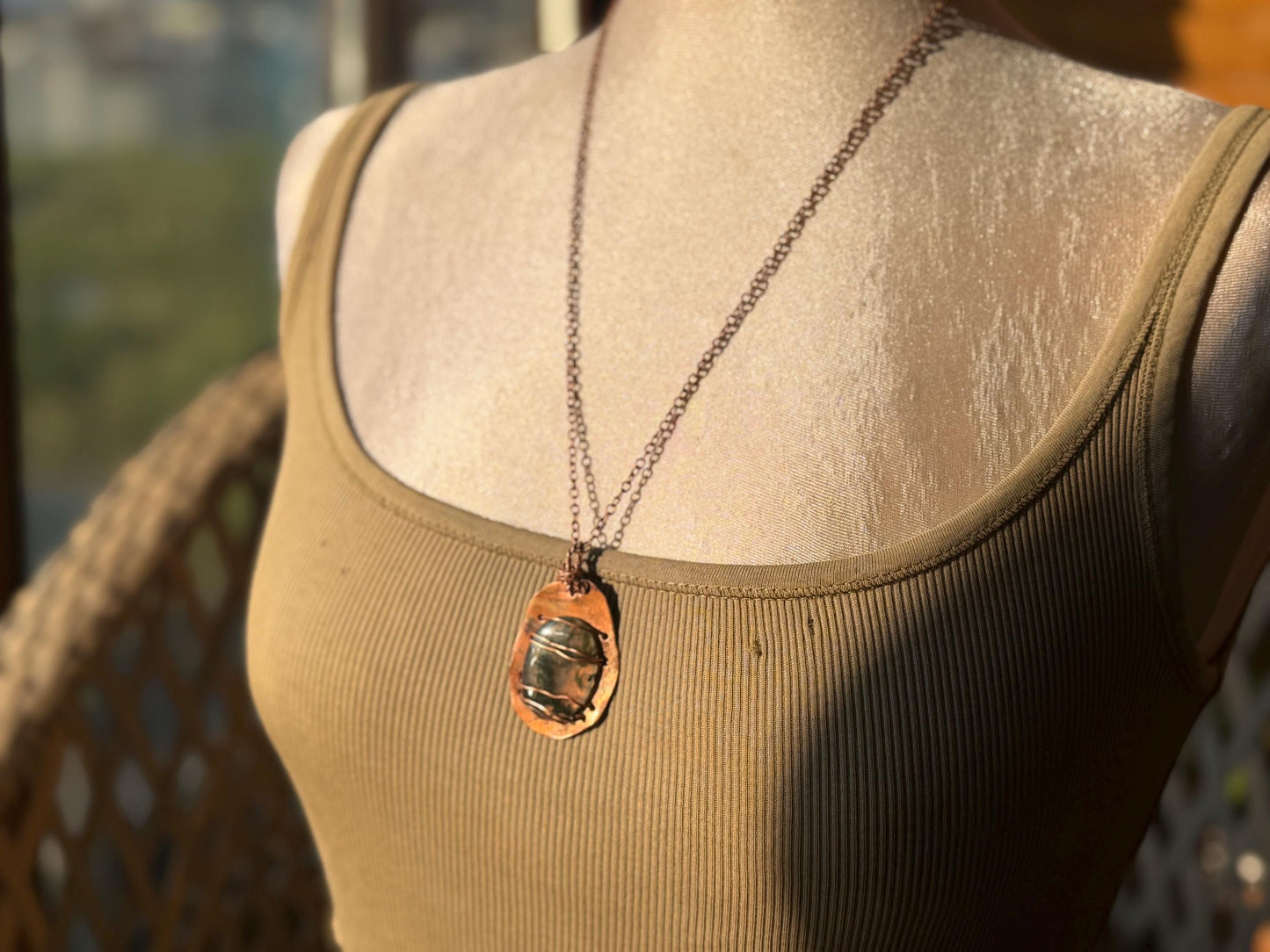 Eco friendly handmade necklace made from moss agate & naturally weathered recycled copper. Ethical jewellery. Unique handmade jewellery.