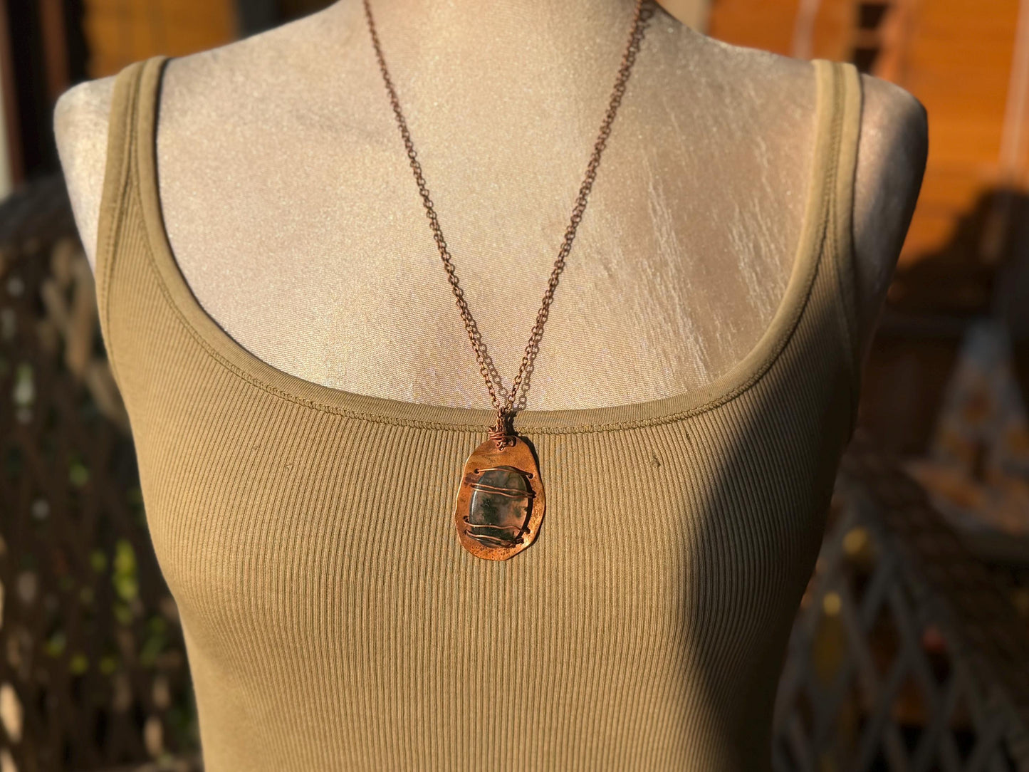 Eco friendly handmade necklace made from moss agate & naturally weathered recycled copper. Ethical jewellery. Unique handmade jewellery.