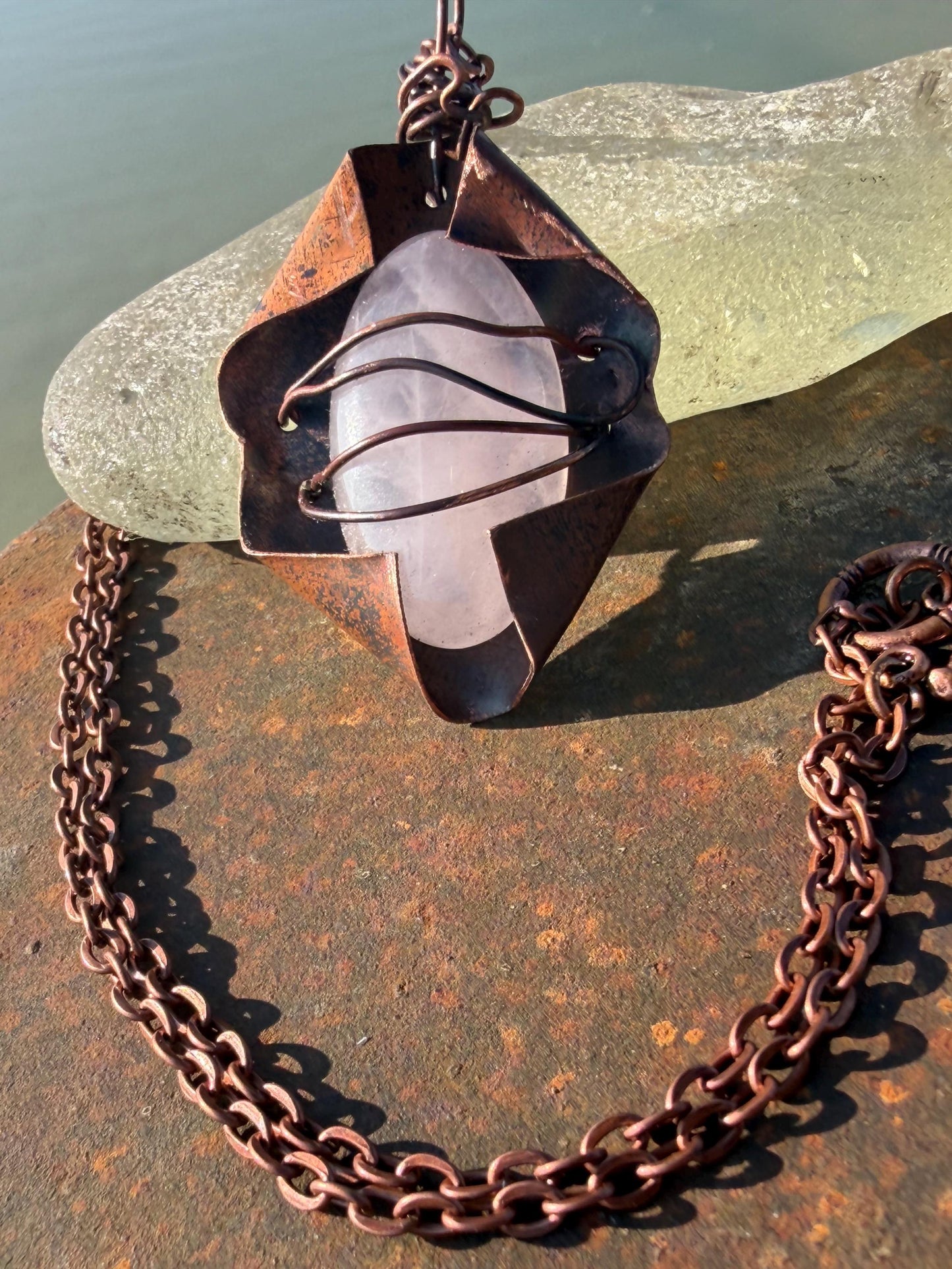 Eco friendly handmade necklace made from rose quartz & naturally weathered recycled copper. Ethical jewellery. Unique handmade jewellery.