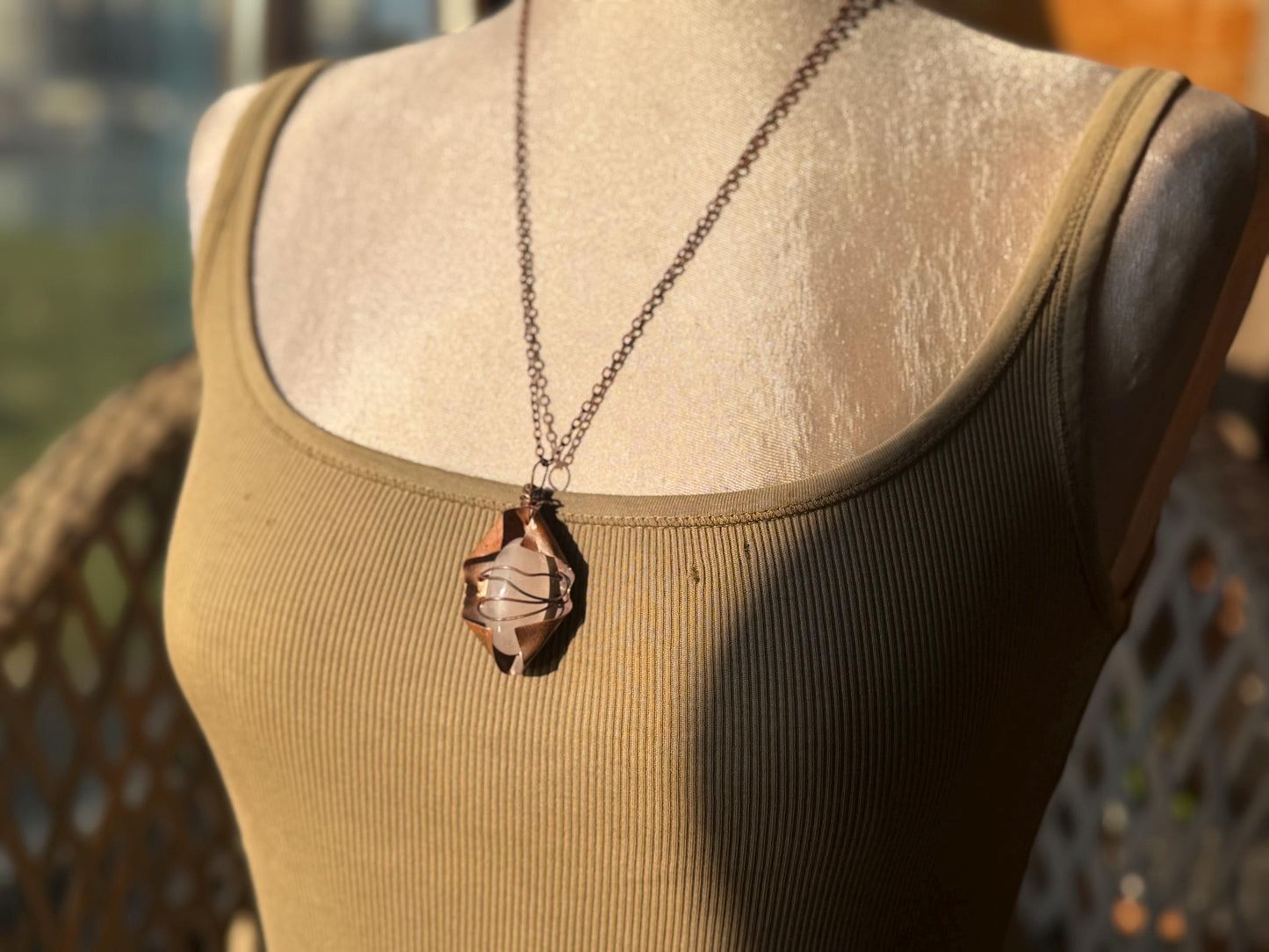 Eco friendly handmade necklace made from rose quartz & naturally weathered recycled copper. Ethical jewellery. Unique handmade jewellery.