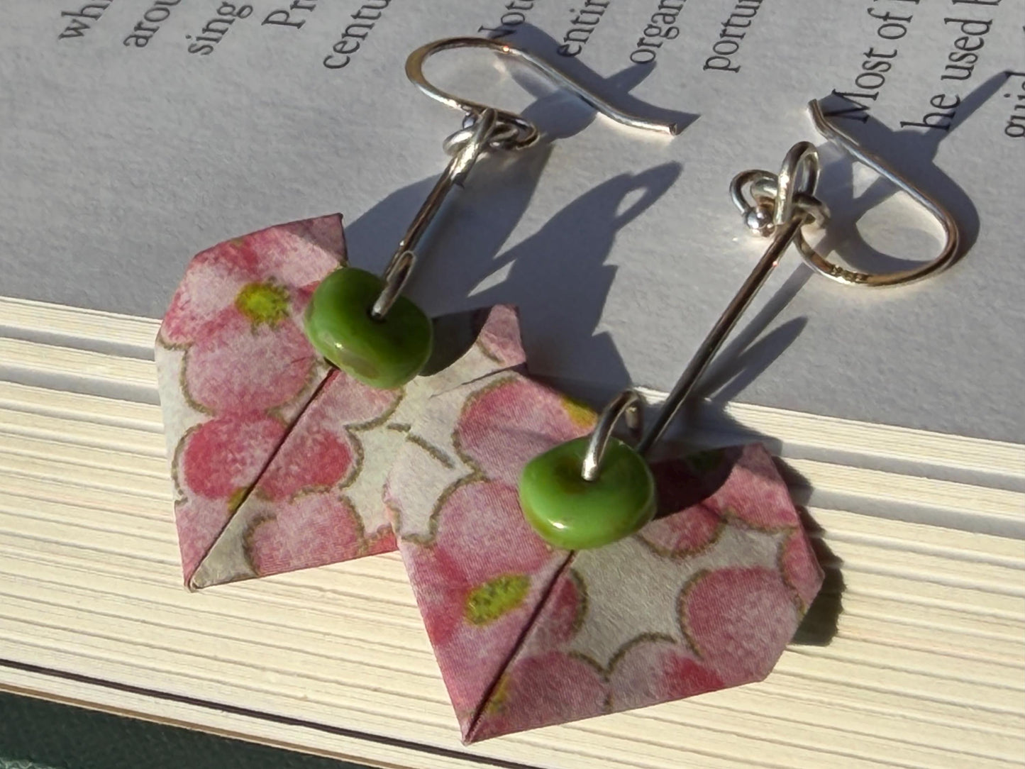 Heart origami earrings on recycled sterling silver. Eco friendly jewellery. Heart earrings. Handmade heart jewellery. PInk hearts on silver