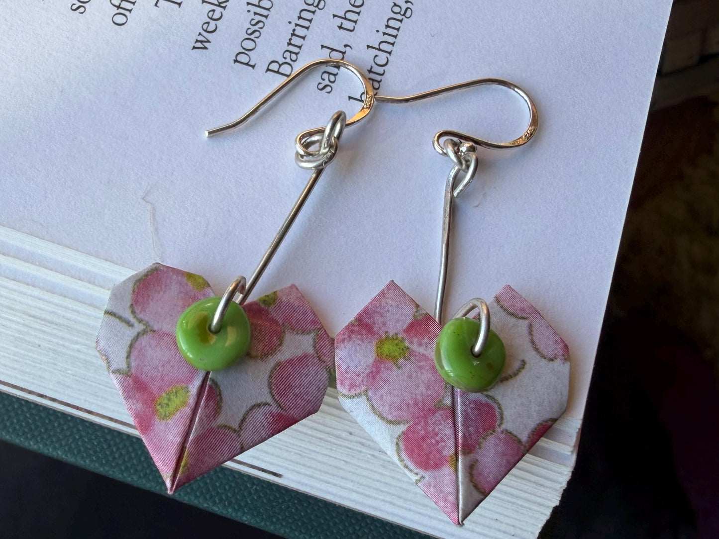 Heart origami earrings on recycled sterling silver. Eco friendly jewellery. Heart earrings. Handmade heart jewellery. PInk hearts on silver