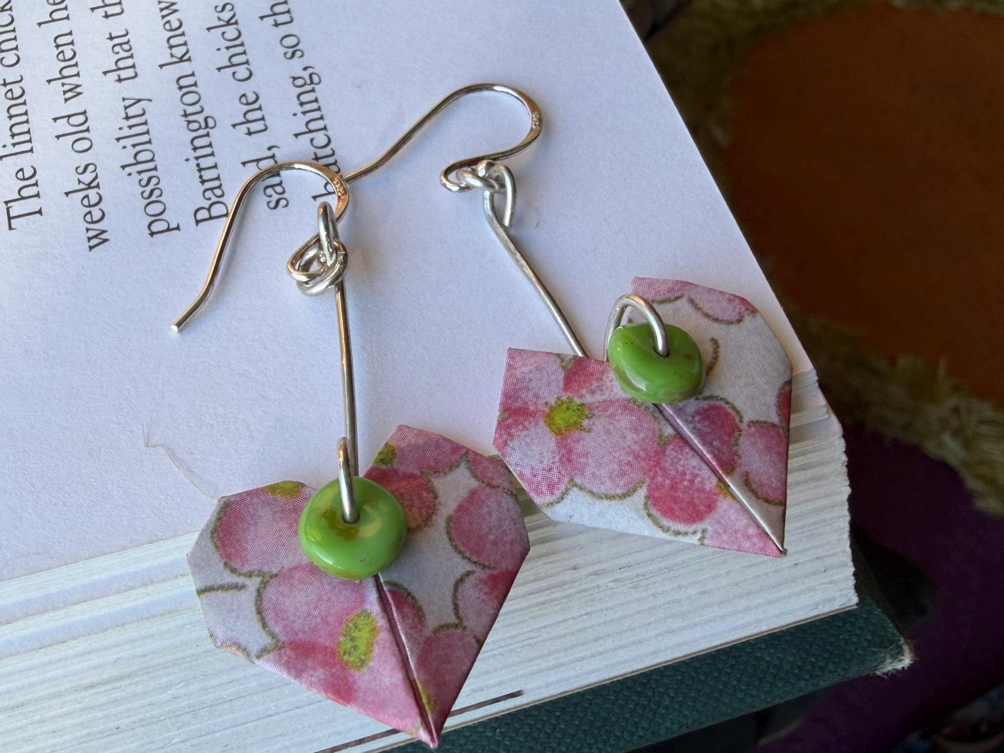 Heart origami earrings on recycled sterling silver. Eco friendly jewellery. Heart earrings. Handmade heart jewellery. PInk hearts on silver