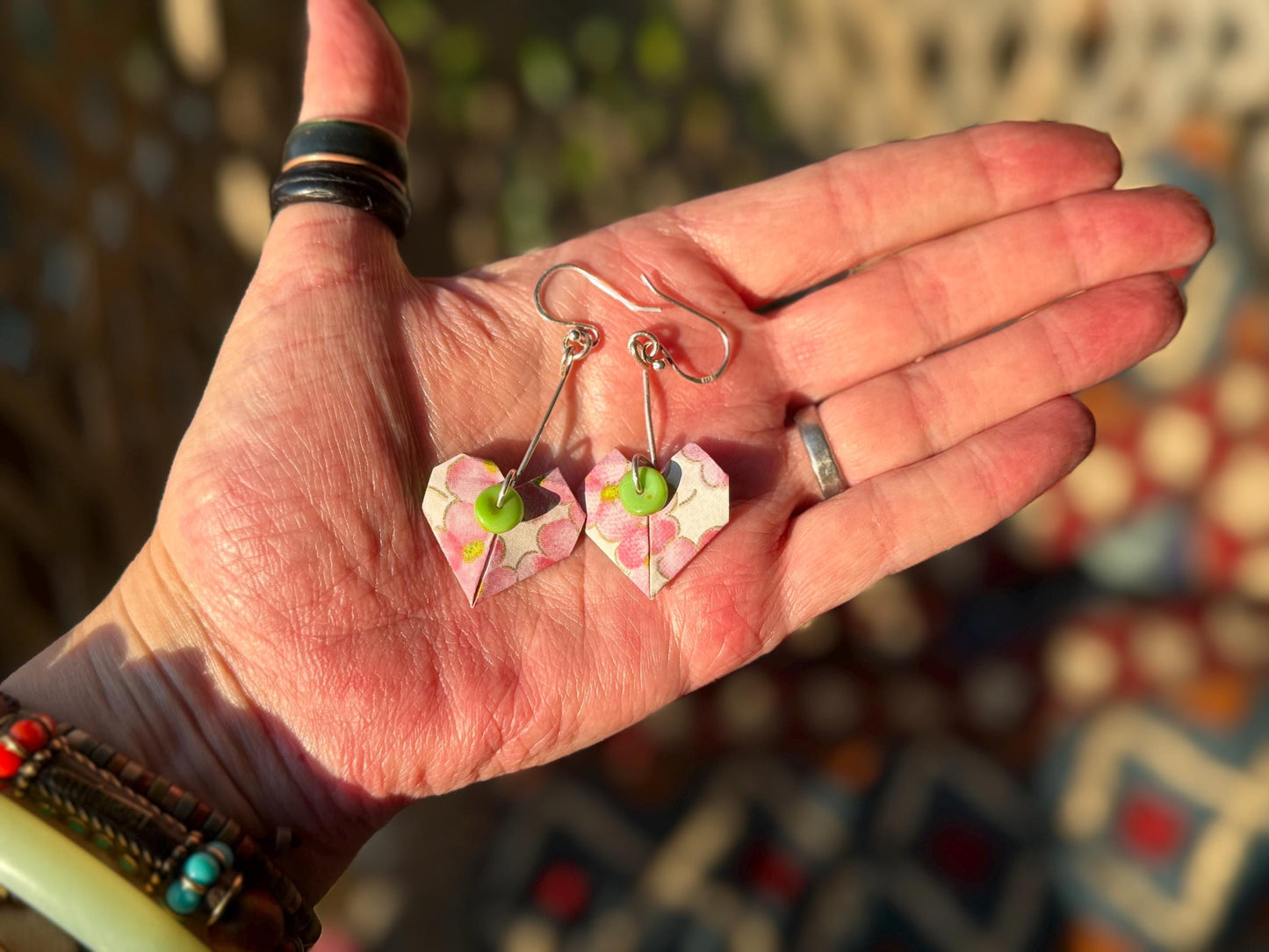 Heart origami earrings on recycled sterling silver. Eco friendly jewellery. Heart earrings. Handmade heart jewellery. PInk hearts on silver