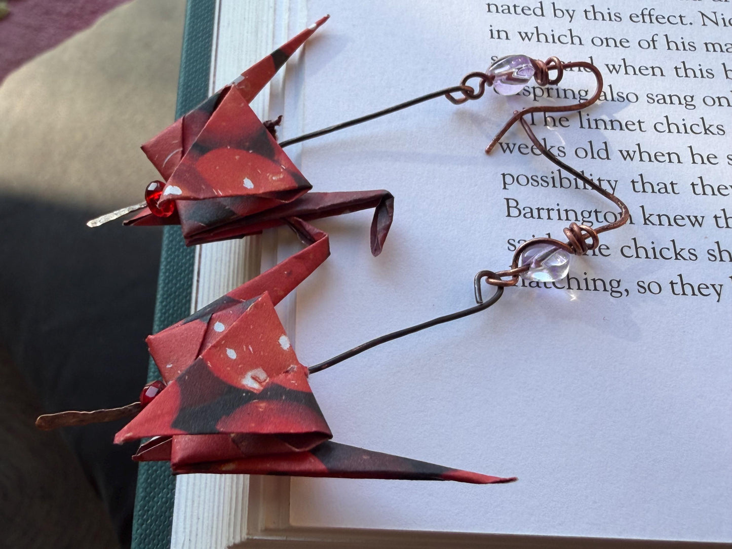 Bird origami earrings on recycled metals. Eco friendly jewellery. Bird earrings. Handmade bird jewellery. Red birds. Ethical jewellery.