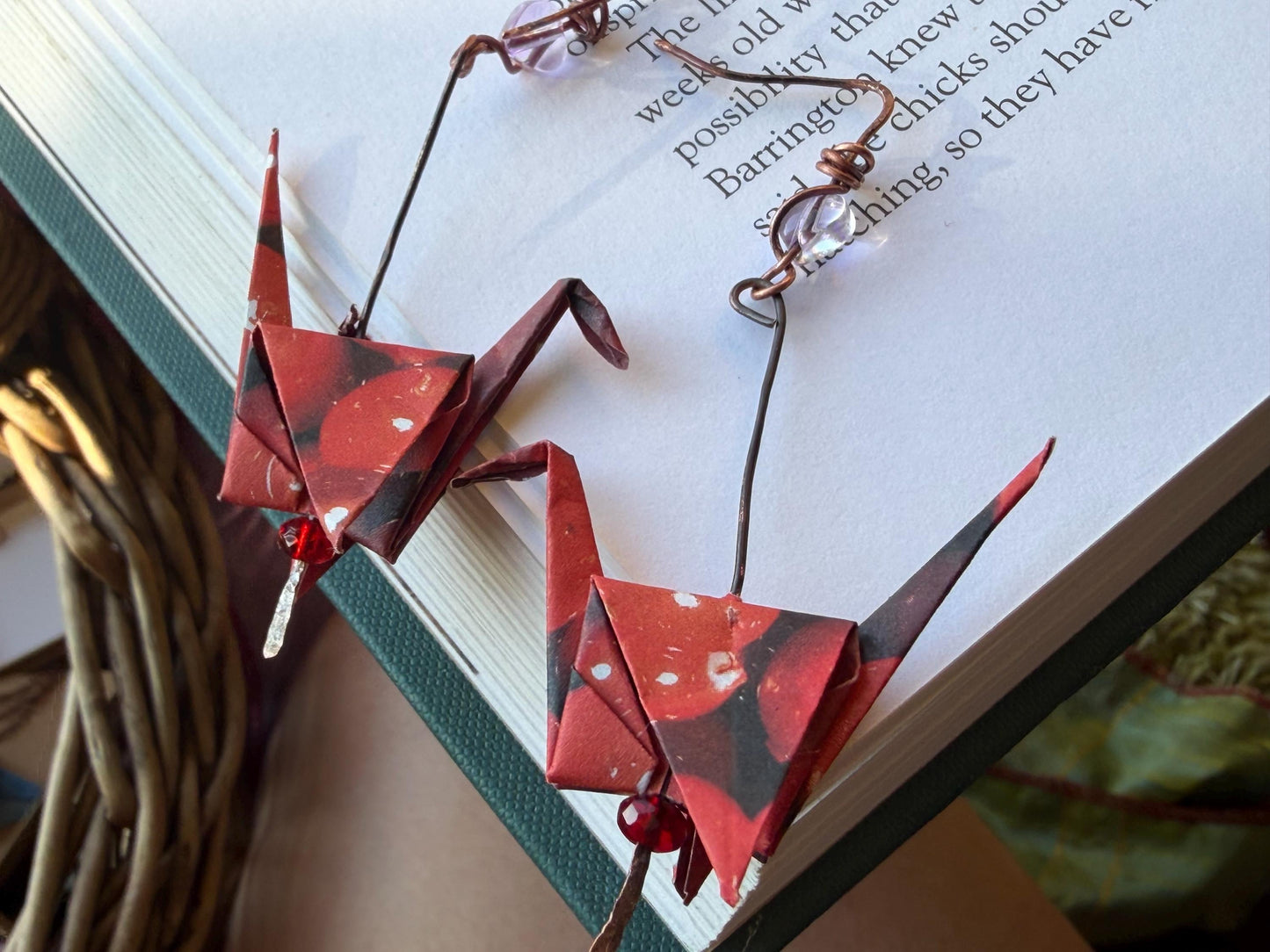 Bird origami earrings on recycled metals. Eco friendly jewellery. Bird earrings. Handmade bird jewellery. Red birds. Ethical jewellery.
