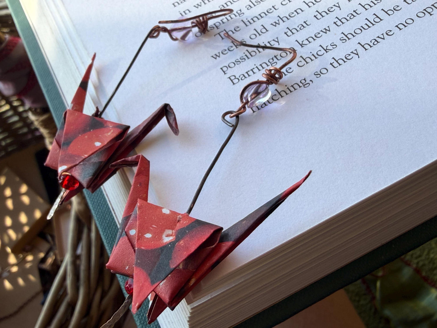 Bird origami earrings on recycled metals. Eco friendly jewellery. Bird earrings. Handmade bird jewellery. Red birds. Ethical jewellery.