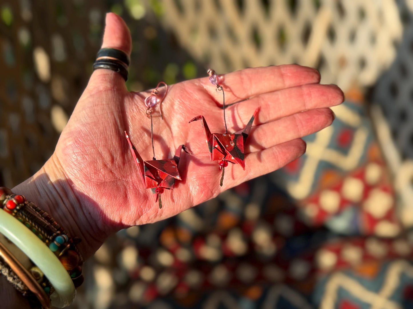 Bird origami earrings on recycled metals. Eco friendly jewellery. Bird earrings. Handmade bird jewellery. Red birds. Ethical jewellery.