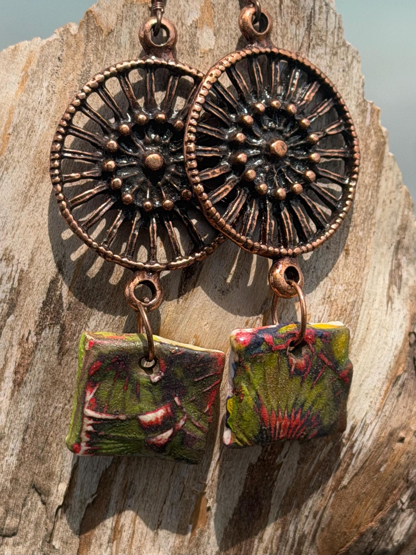 Handmade earrings using Sussex clay. Unique jewellery, ceramic earrings, boho jewellery, boho earrings, unique earrings, unique gift for her