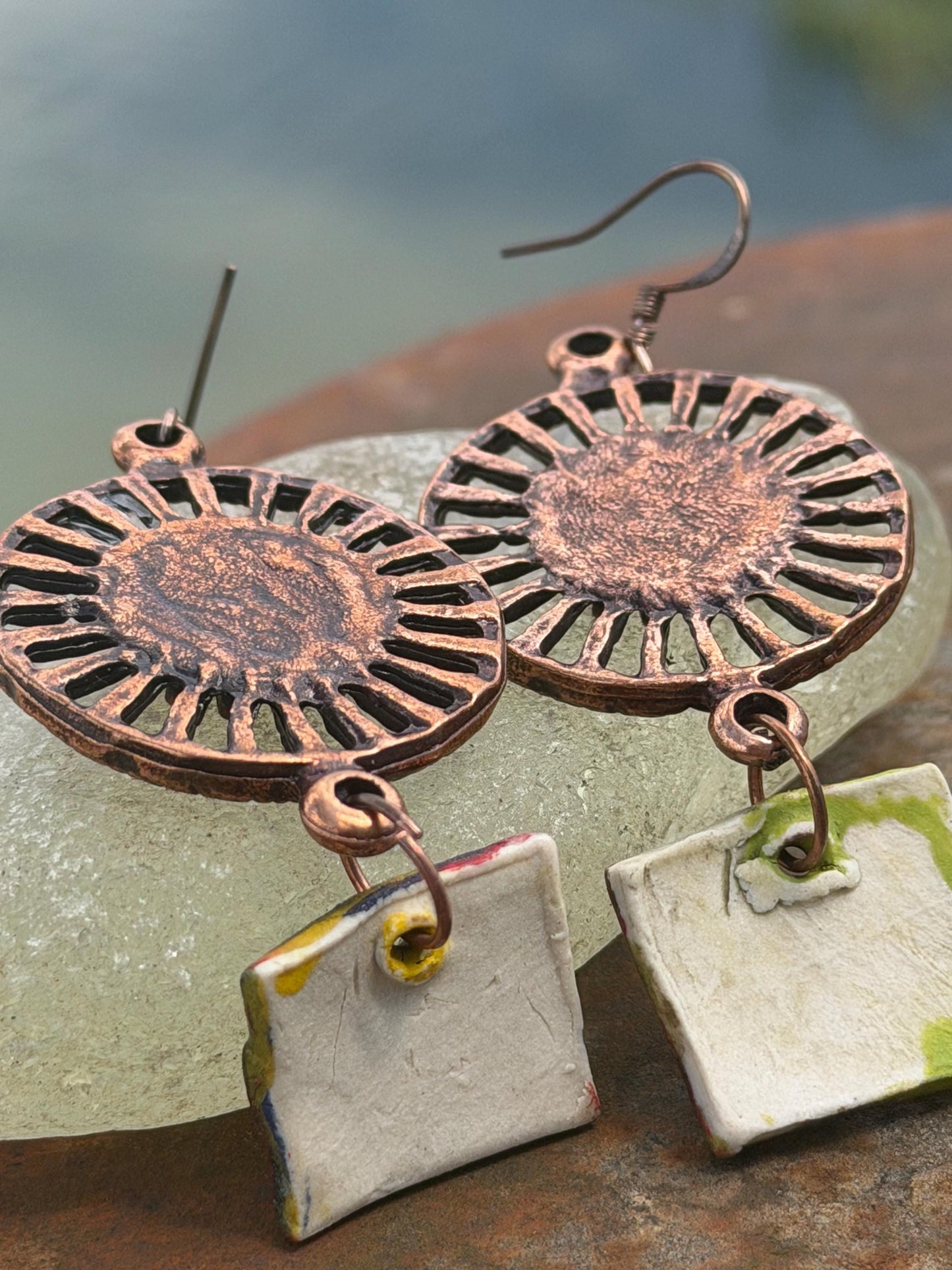 Handmade earrings using Sussex clay. Unique jewellery, ceramic earrings, boho jewellery, boho earrings, unique earrings, unique gift for her