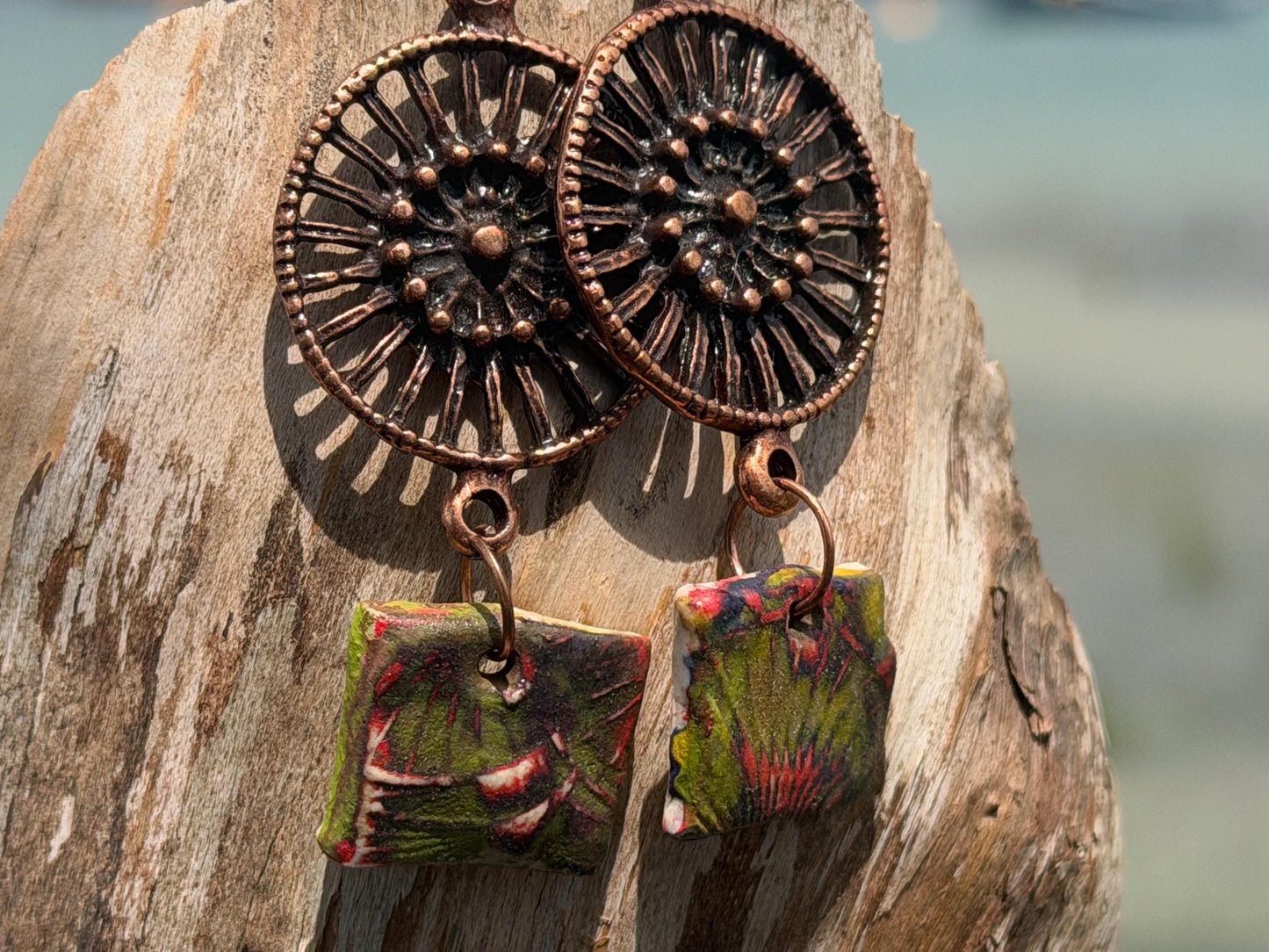 Handmade earrings using Sussex clay. Unique jewellery, ceramic earrings, boho jewellery, boho earrings, unique earrings, unique gift for her