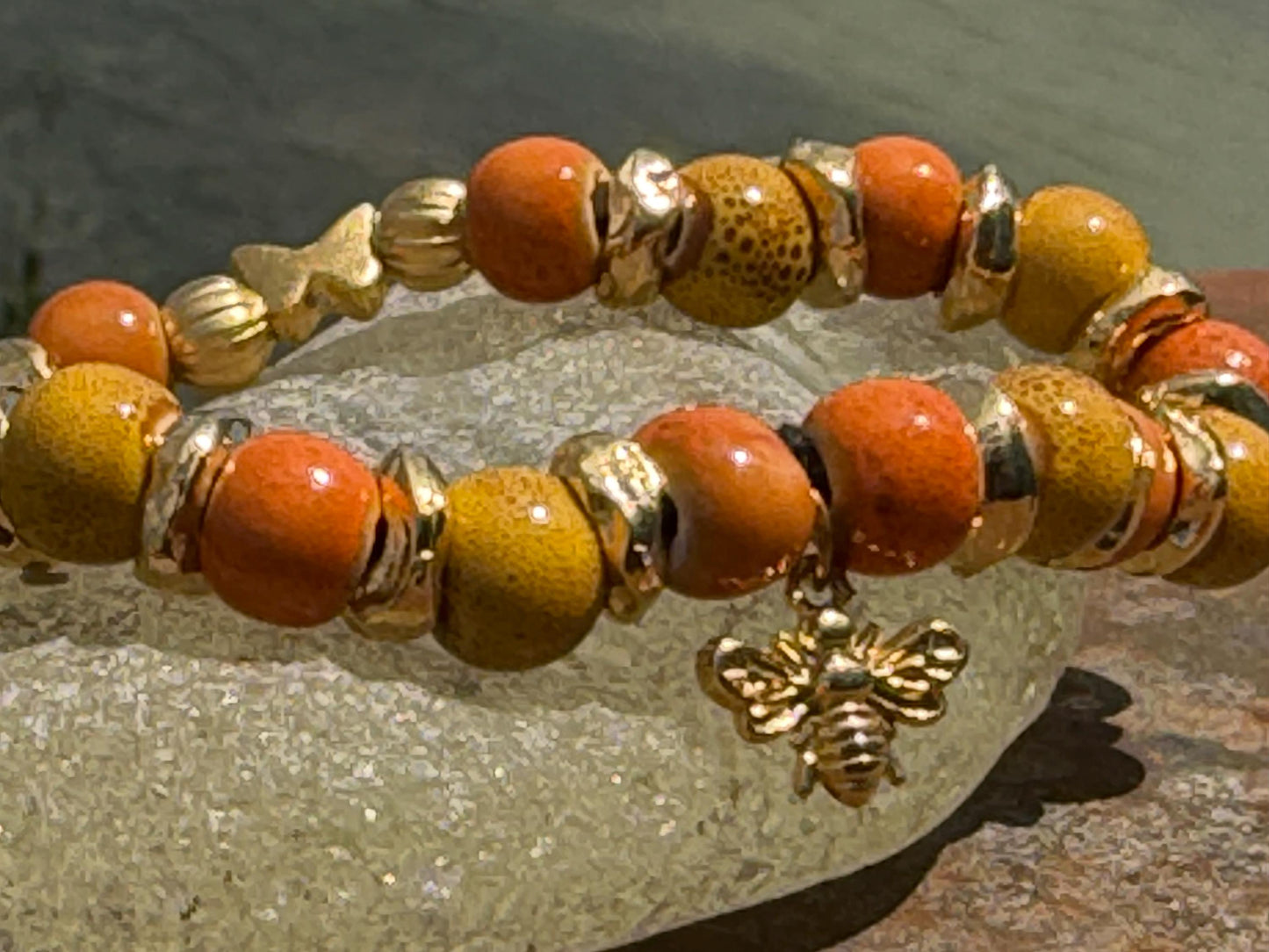 Bee bracelet, boho jewellery, butterfly bracelet, gift for her, handmade glass bracelet, bee jewellery, butterfly jewellery, yellow bracelet