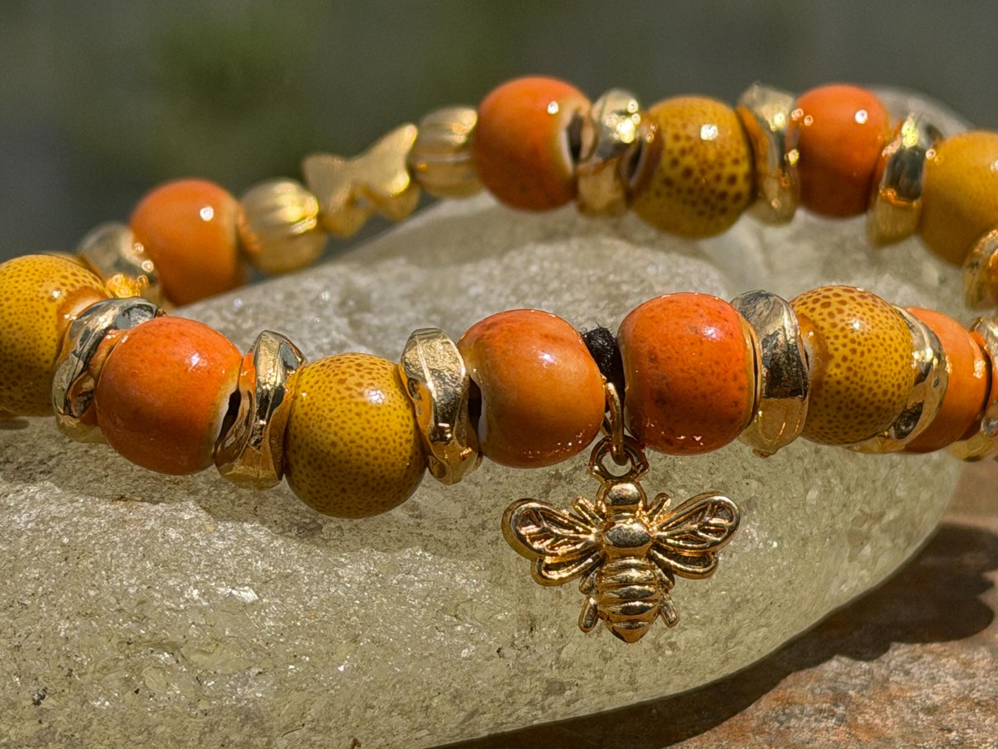 Bee bracelet, boho jewellery, butterfly bracelet, gift for her, handmade glass bracelet, bee jewellery, butterfly jewellery, yellow bracelet