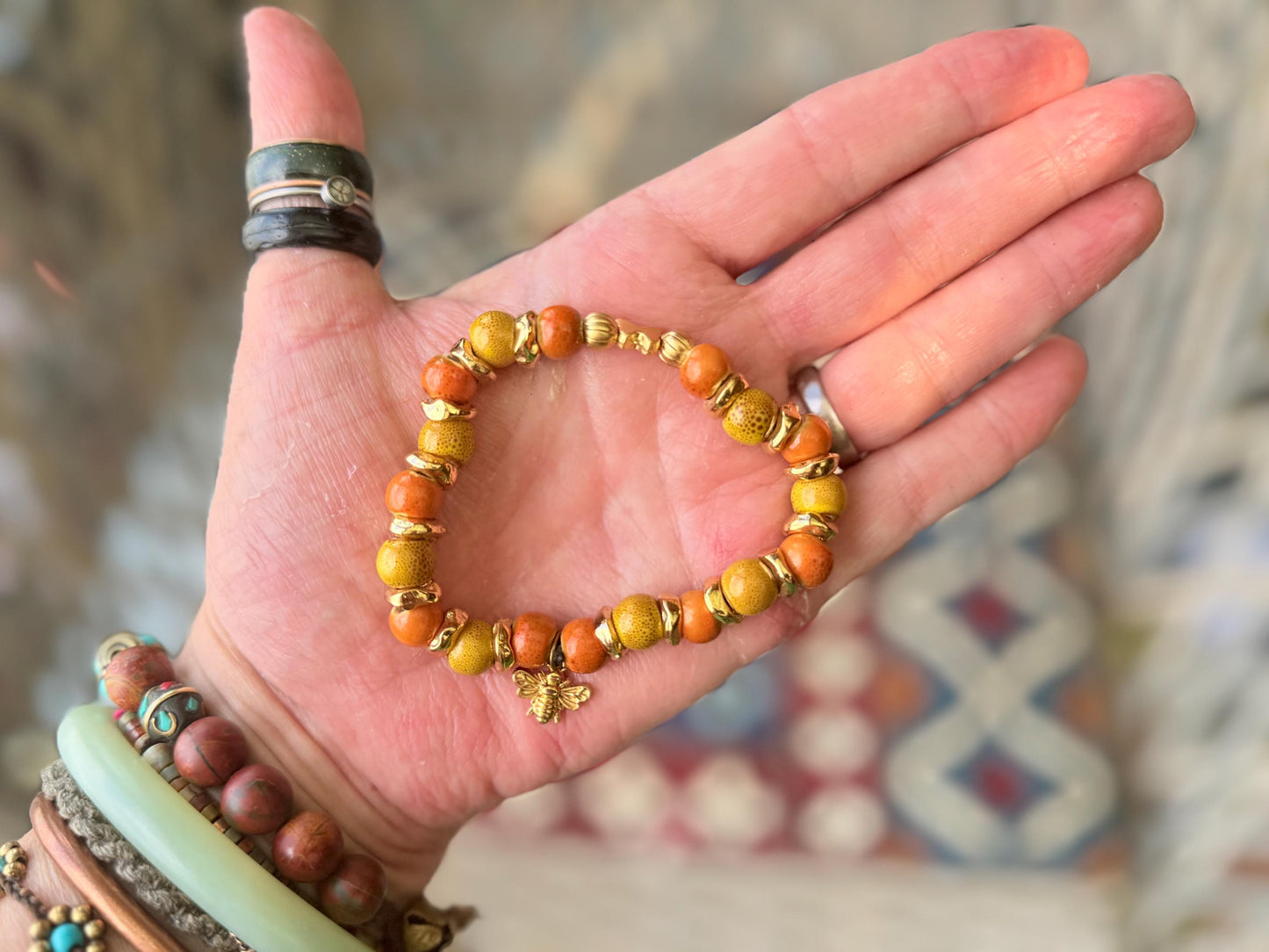 Bee bracelet, boho jewellery, butterfly bracelet, gift for her, handmade glass bracelet, bee jewellery, butterfly jewellery, yellow bracelet