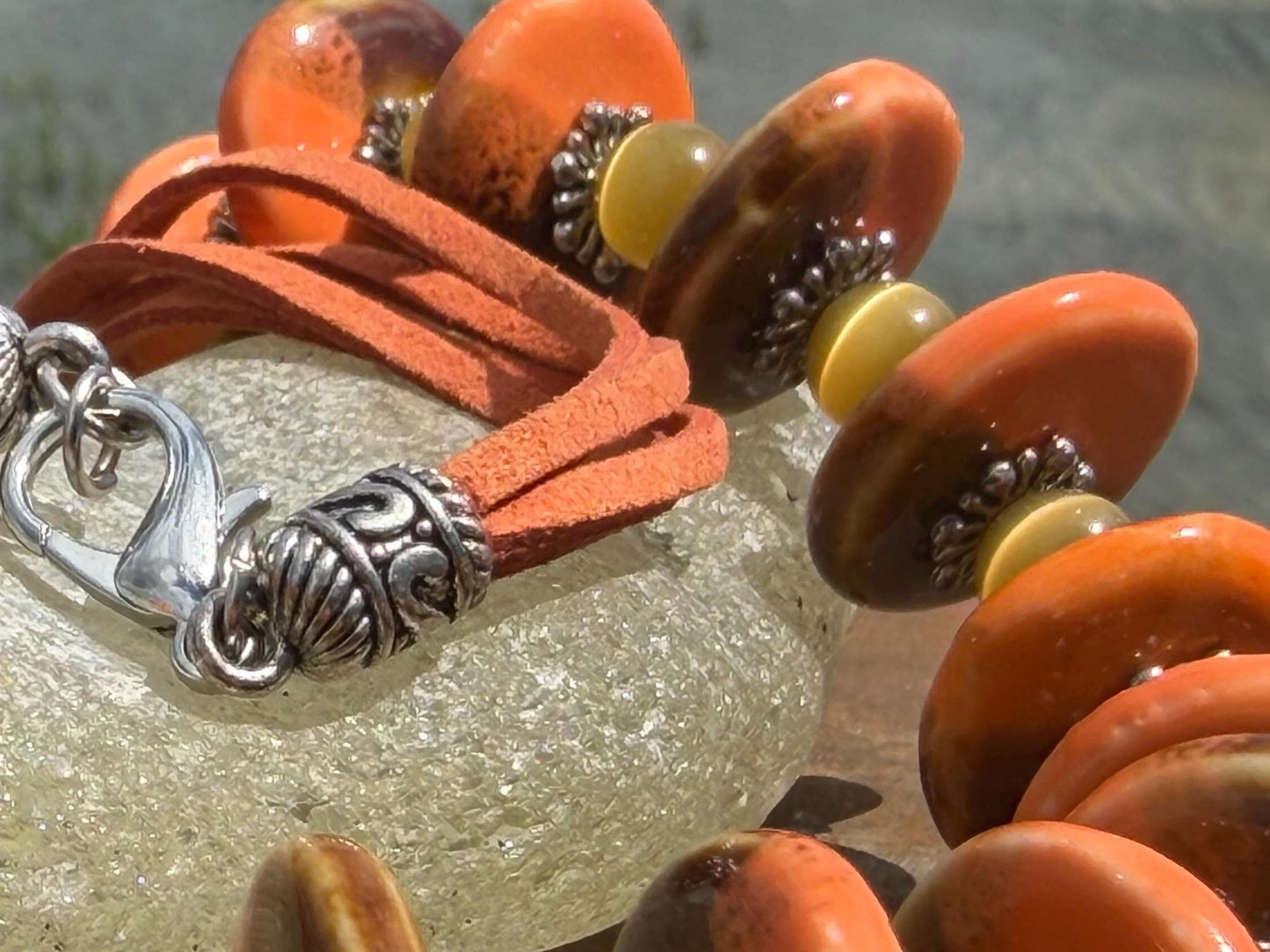 Joyful orange statement necklace. Vintage jewellery, ethical jewellery, orange pendant, boho unique necklace. Eco friendly jewellery.