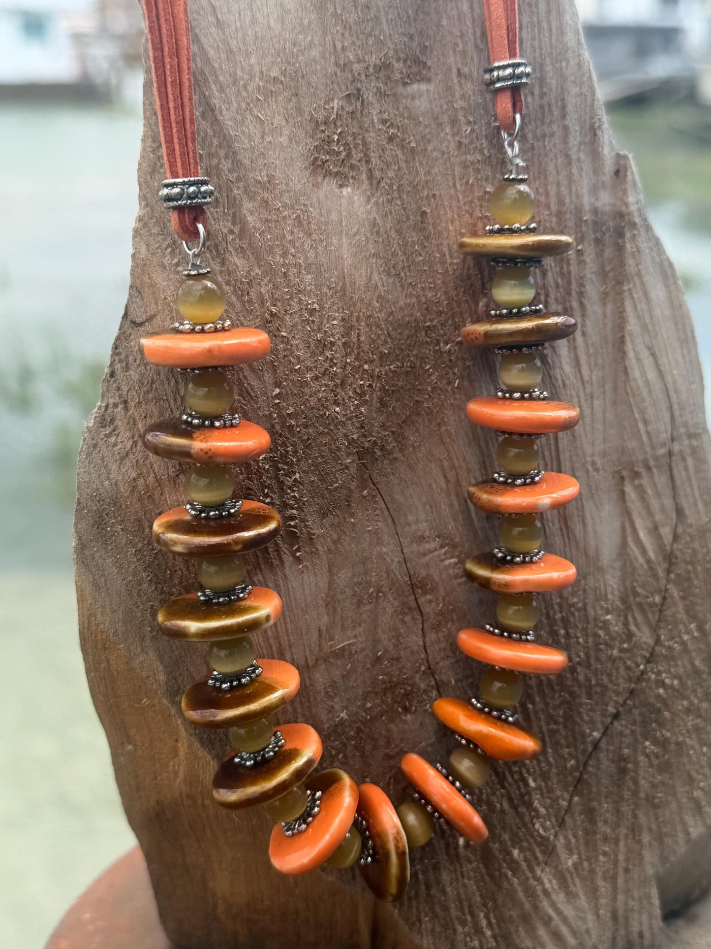 Joyful orange statement necklace. Vintage jewellery, ethical jewellery, orange pendant, boho unique necklace. Eco friendly jewellery.