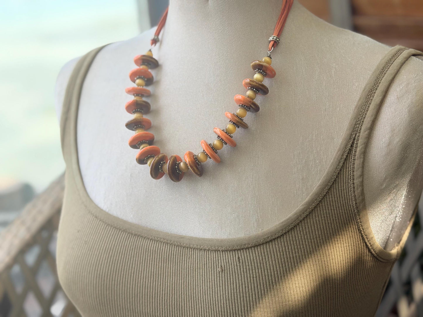 Joyful orange statement necklace. Vintage jewellery, ethical jewellery, orange pendant, boho unique necklace. Eco friendly jewellery.