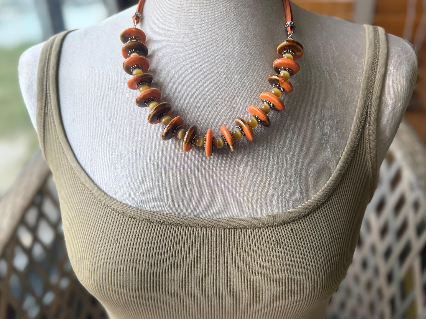 Joyful orange statement necklace. Vintage jewellery, ethical jewellery, orange pendant, boho unique necklace. Eco friendly jewellery.