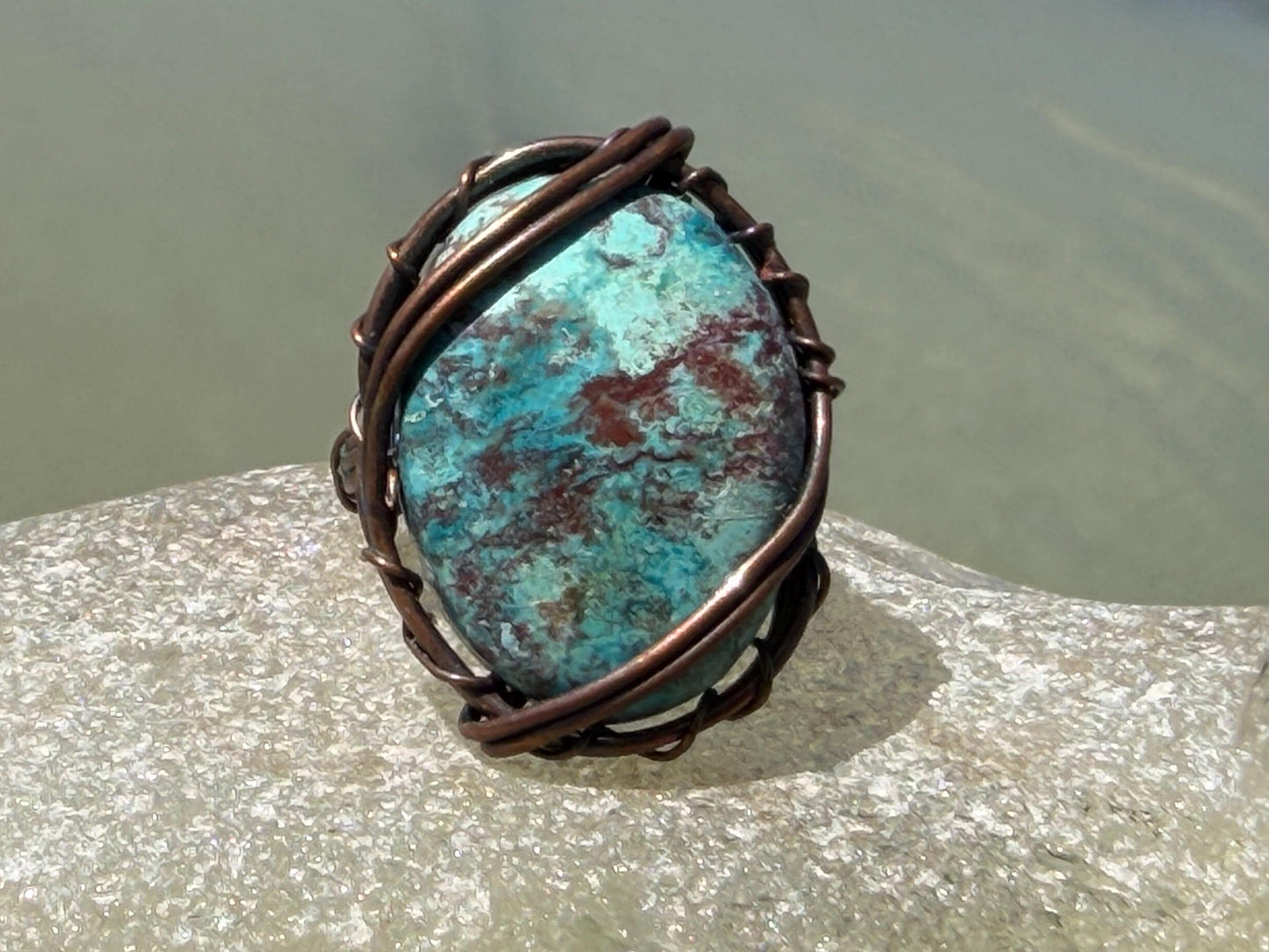 Chrysocolla ring wrapped in recycled copper. Handmade ethical jewellery. Eco friendly and unusual jewellery. Blue gemstone ring. Eco gifts.