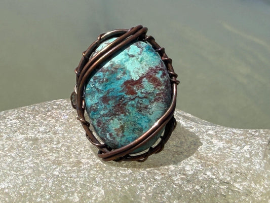 Chrysocolla ring wrapped in recycled copper. Handmade ethical jewellery. Eco friendly and unusual jewellery. Blue gemstone ring. Eco gifts.