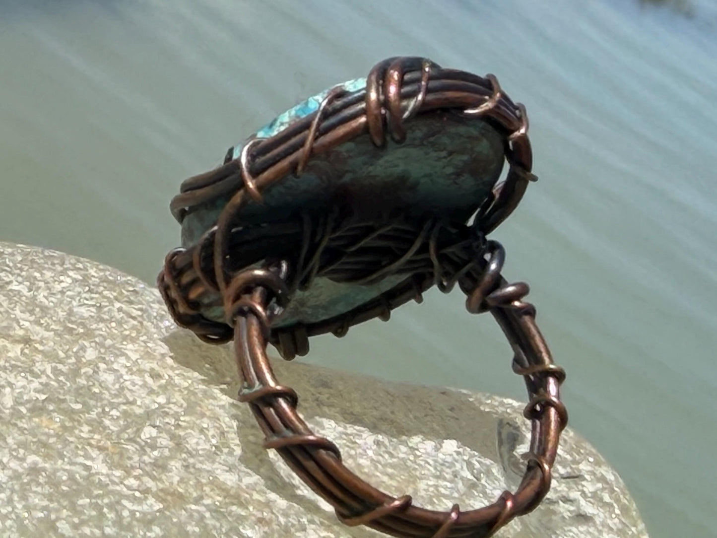 Chrysocolla ring wrapped in recycled copper. Handmade ethical jewellery. Eco friendly and unusual jewellery. Blue gemstone ring. Eco gifts.