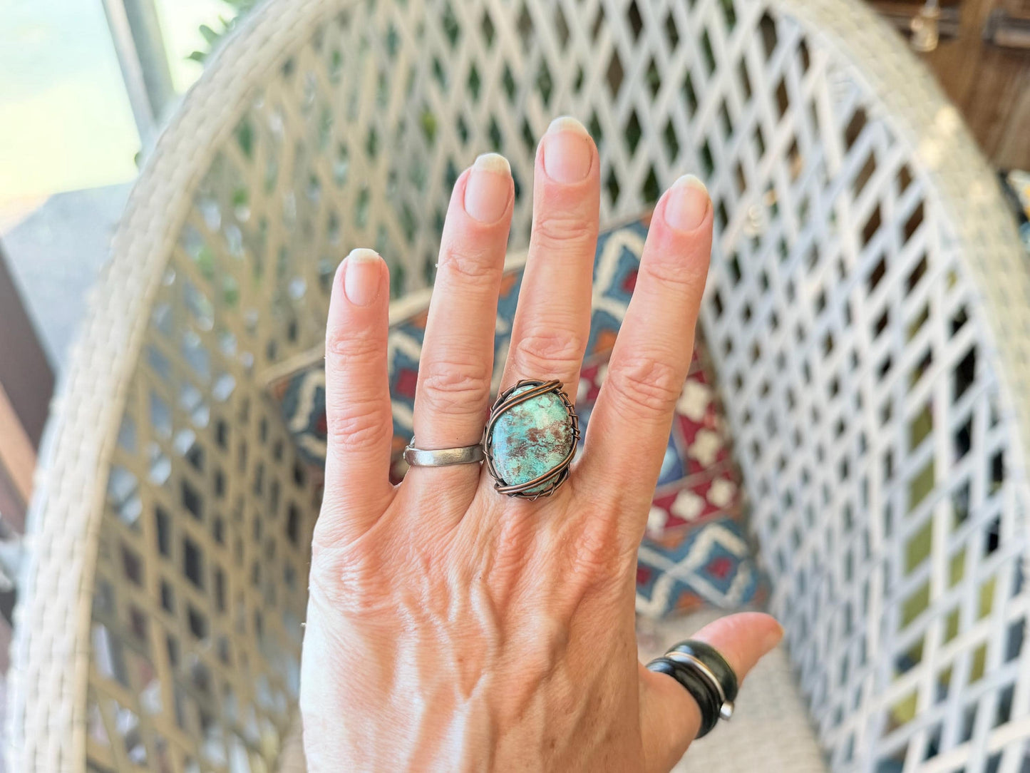 Chrysocolla ring wrapped in recycled copper. Handmade ethical jewellery. Eco friendly and unusual jewellery. Blue gemstone ring. Eco gifts.