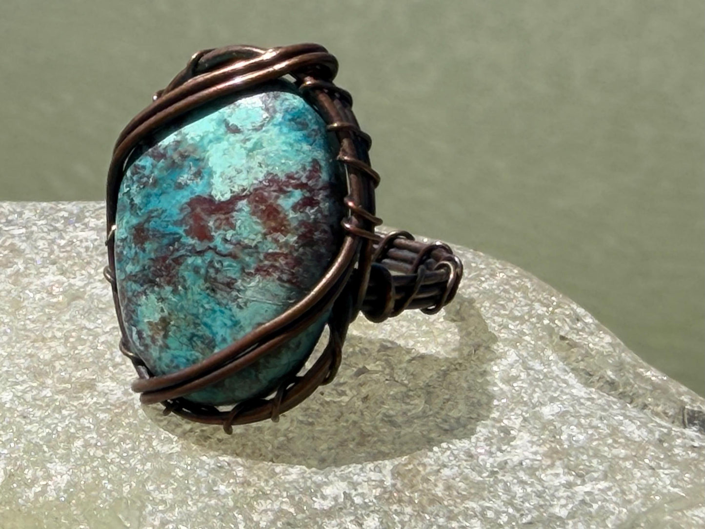 Chrysocolla ring wrapped in recycled copper. Handmade ethical jewellery. Eco friendly and unusual jewellery. Blue gemstone ring. Eco gifts.