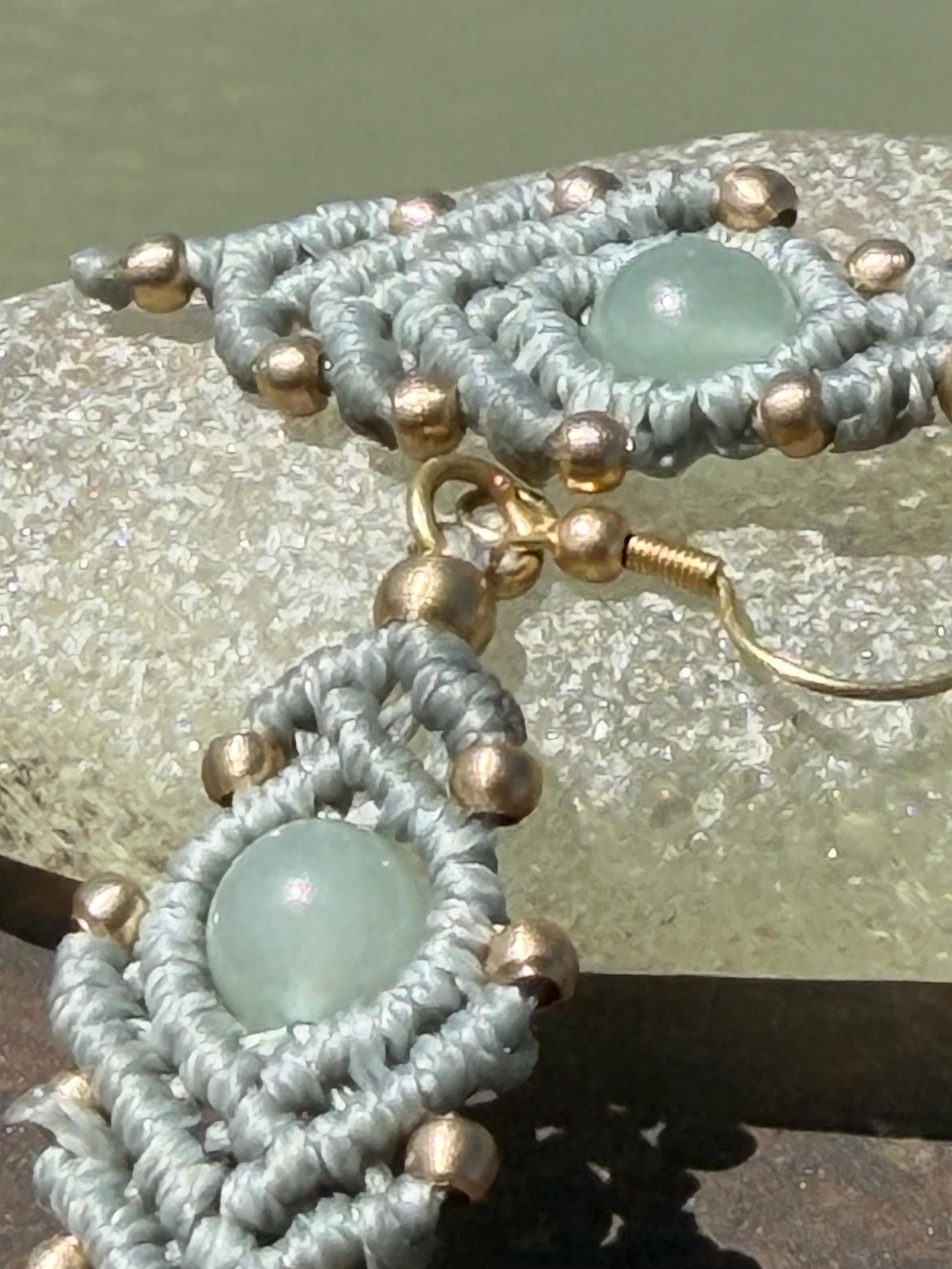 Moss agate macrame gemstone earrings. Long drop dangly earrings. Green gemstone earrings. Ethical jewellery. Moss agate jewellery.